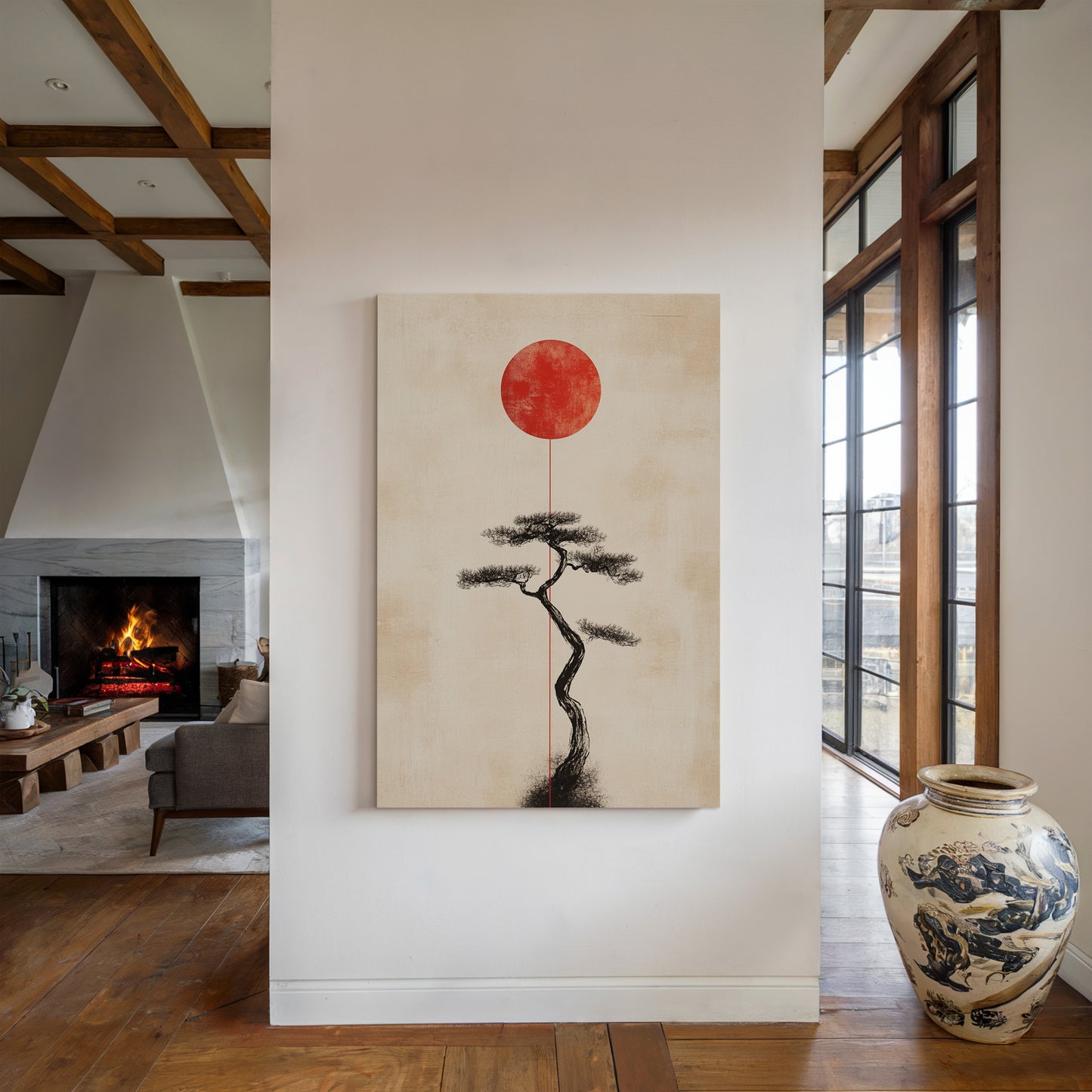Minimalist Bonsai & Rising Sun – Japanese Zen-Inspired Wall Art