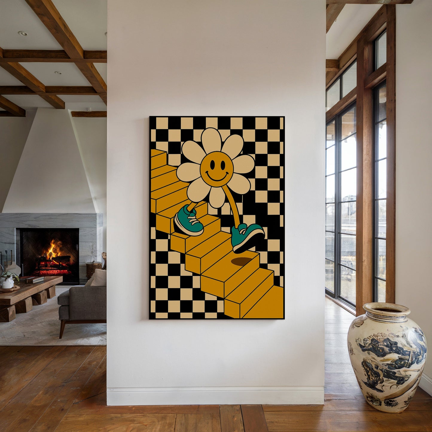 Groovy Daisy Vibes – Retro Checkerboard Flower Print