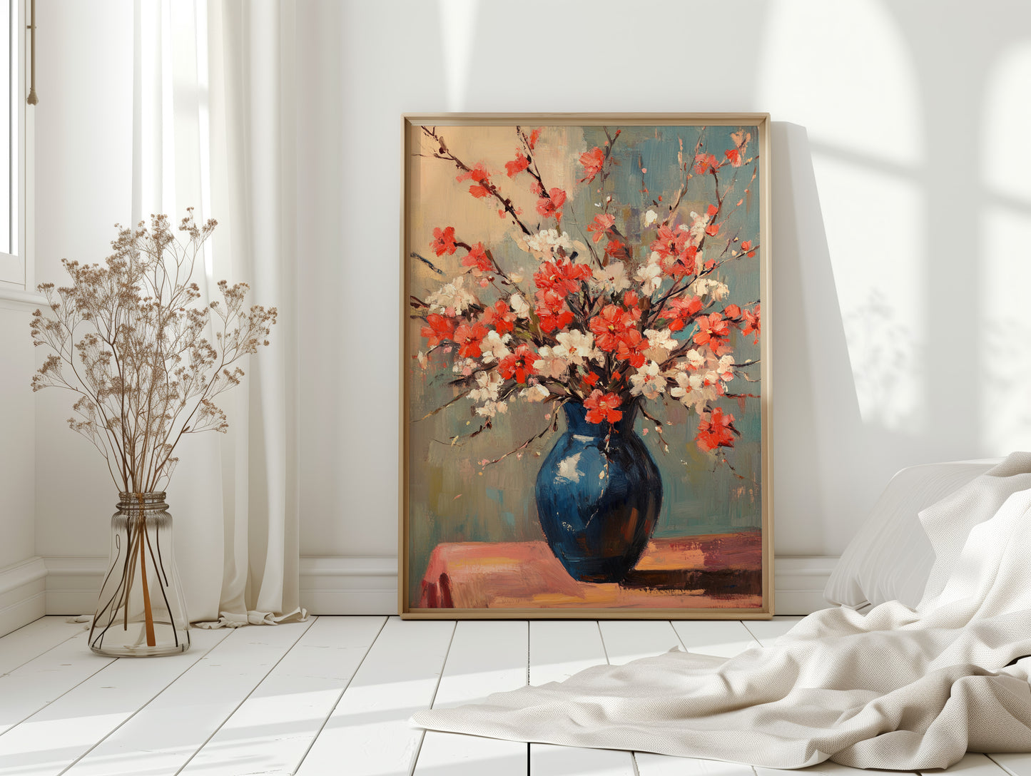 Cherry Blossom Oil Painting – Impressionist Floral Vase Wall Art