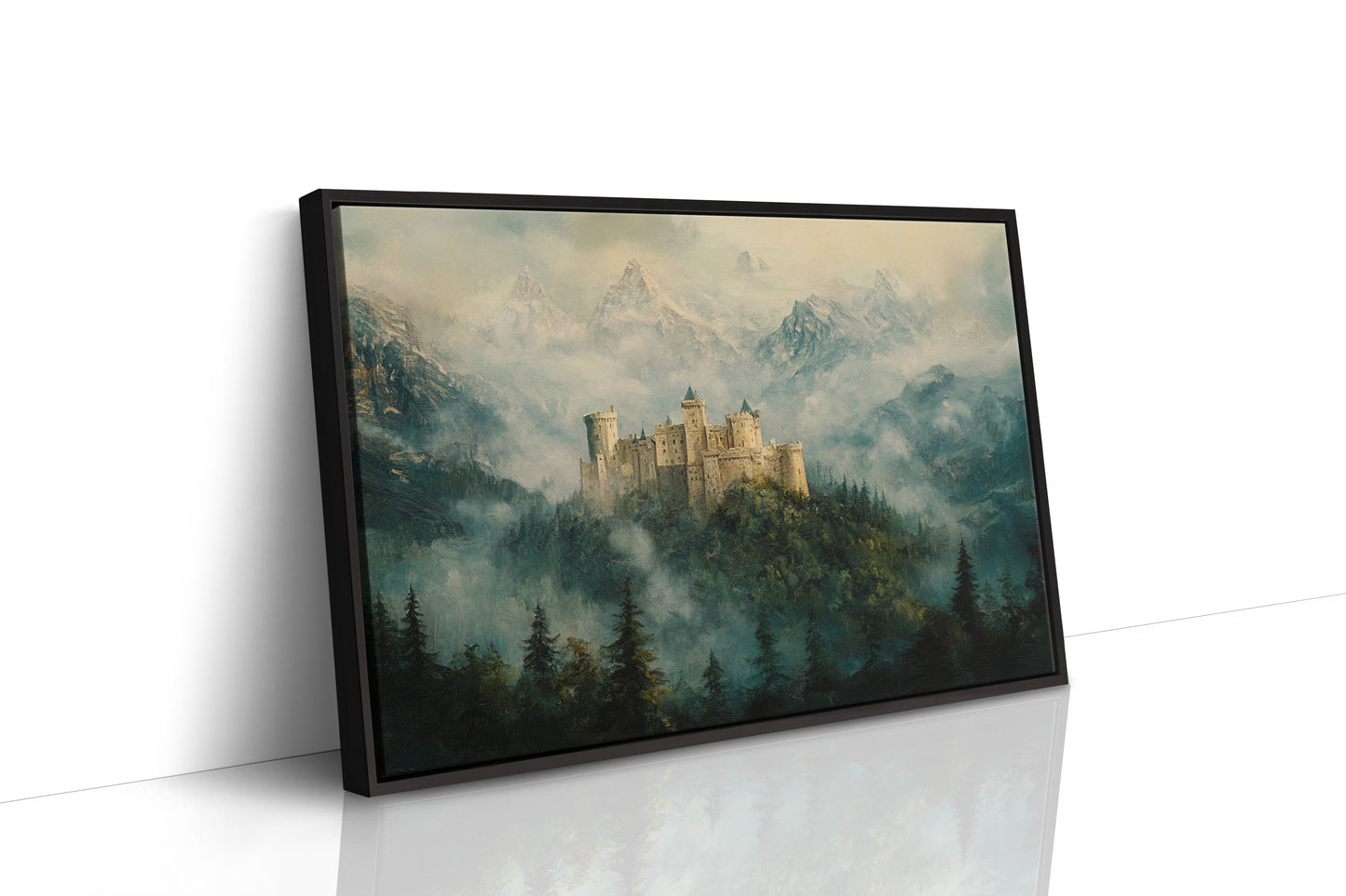 Misty Mountain Castle: Ethereal Fantasy Landscape Canvas Wall Art