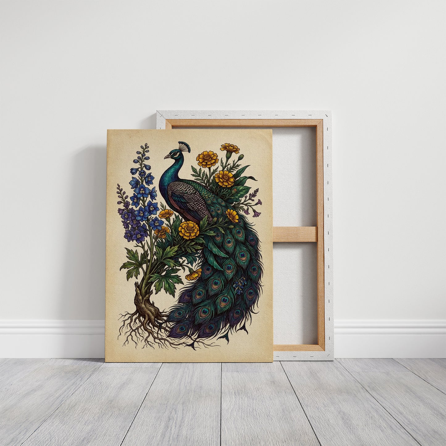 Peacock and Marigolds