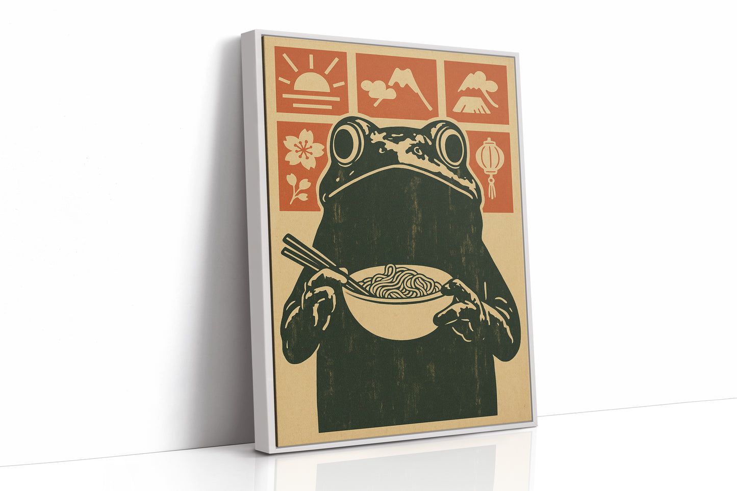 Ramen Frog in Retro Woodblock Style