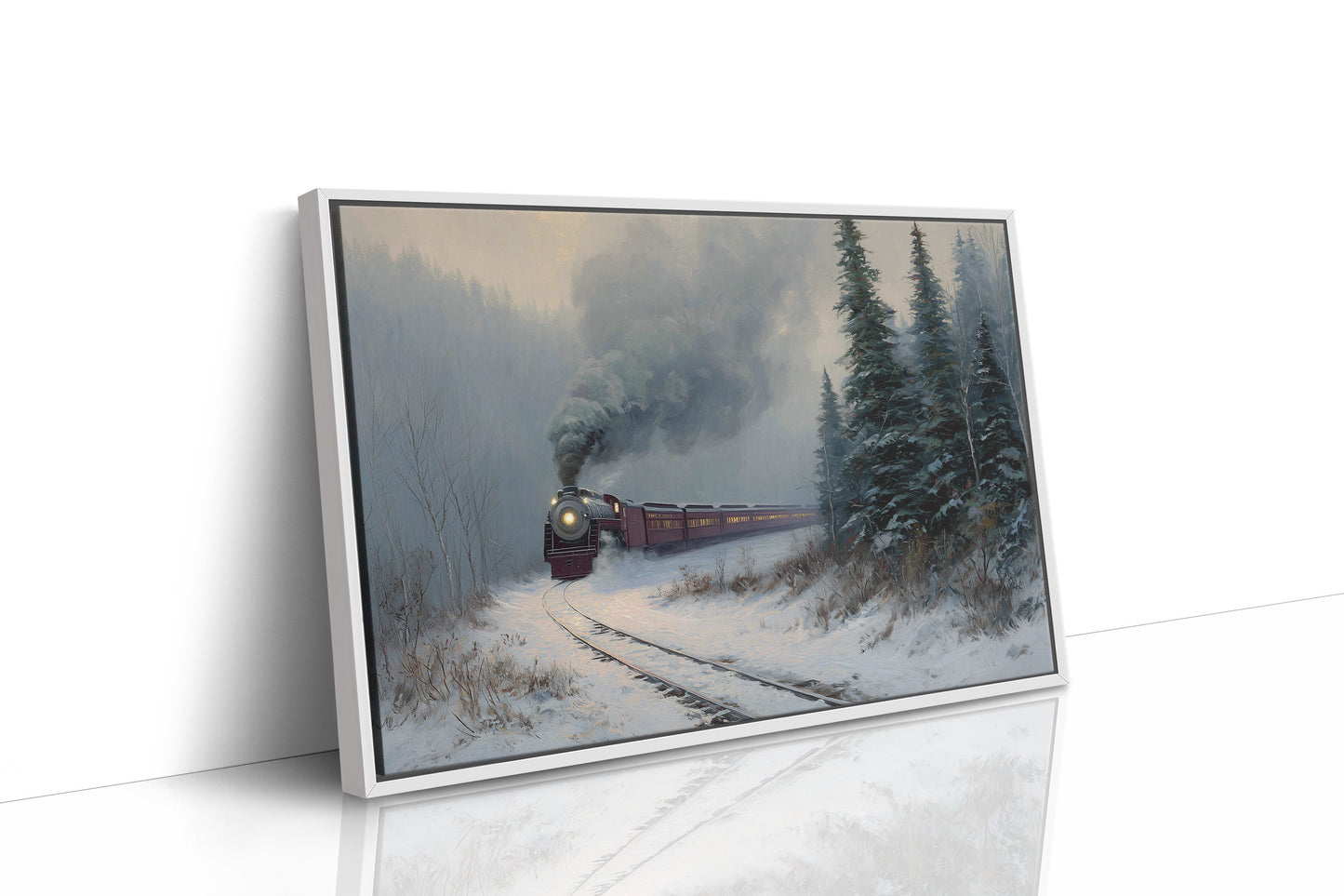 Winter Steam Curves Through Pine Forest