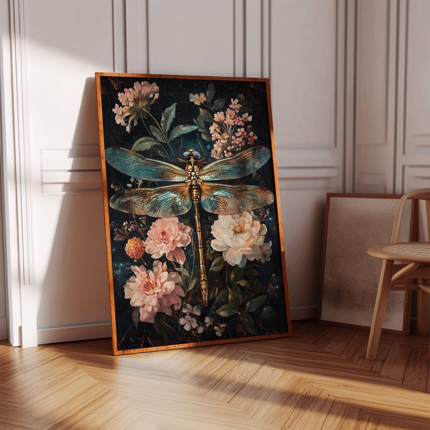 Golden Dragonfly: Dark Floral Baroque Canvas Wall Art