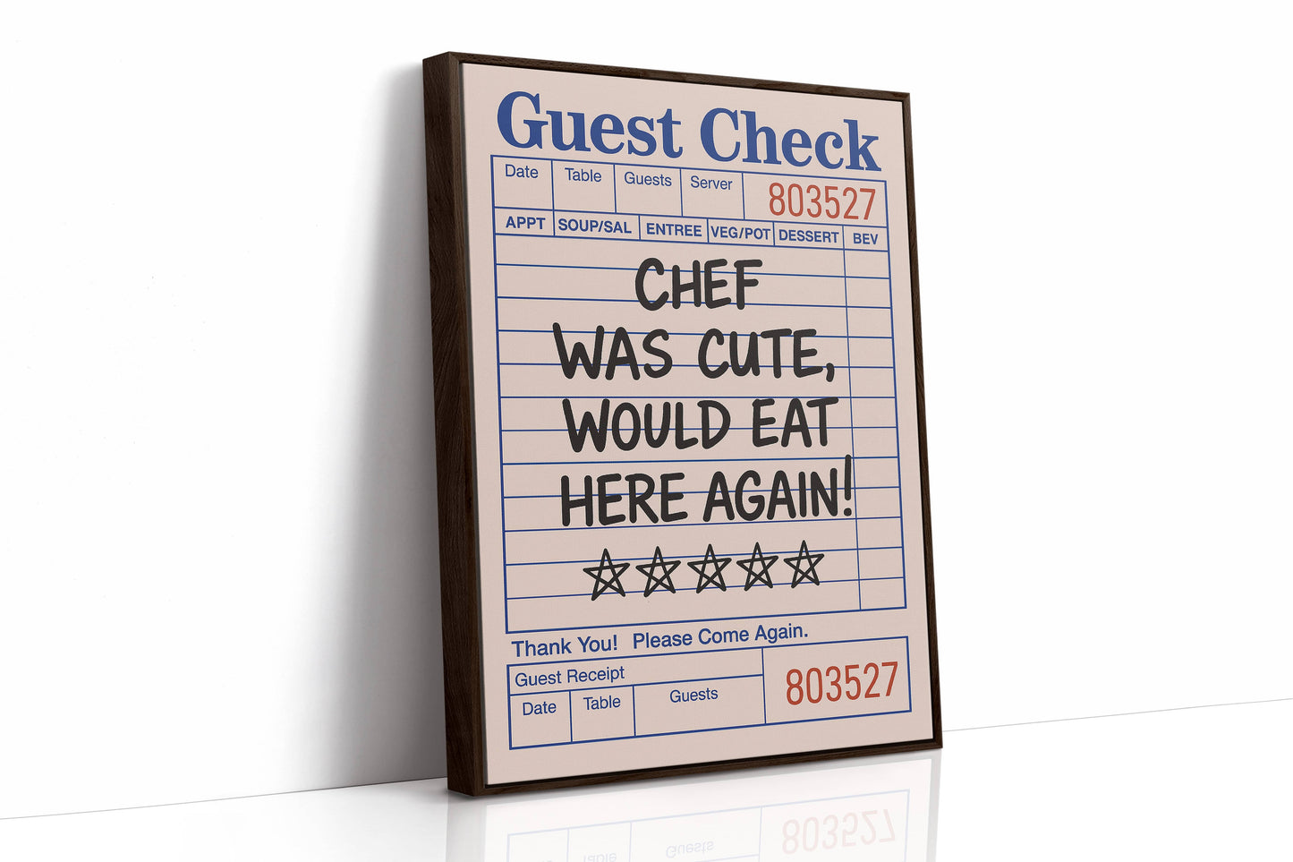 Funny Guest Check Wall Art – “Chef Was Cute” Diner Poster