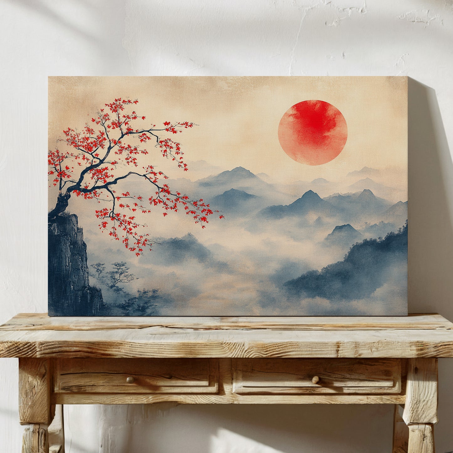Japanese Red Sun & Misty Mountain Wall Art – Zen Ink Wash Landscape