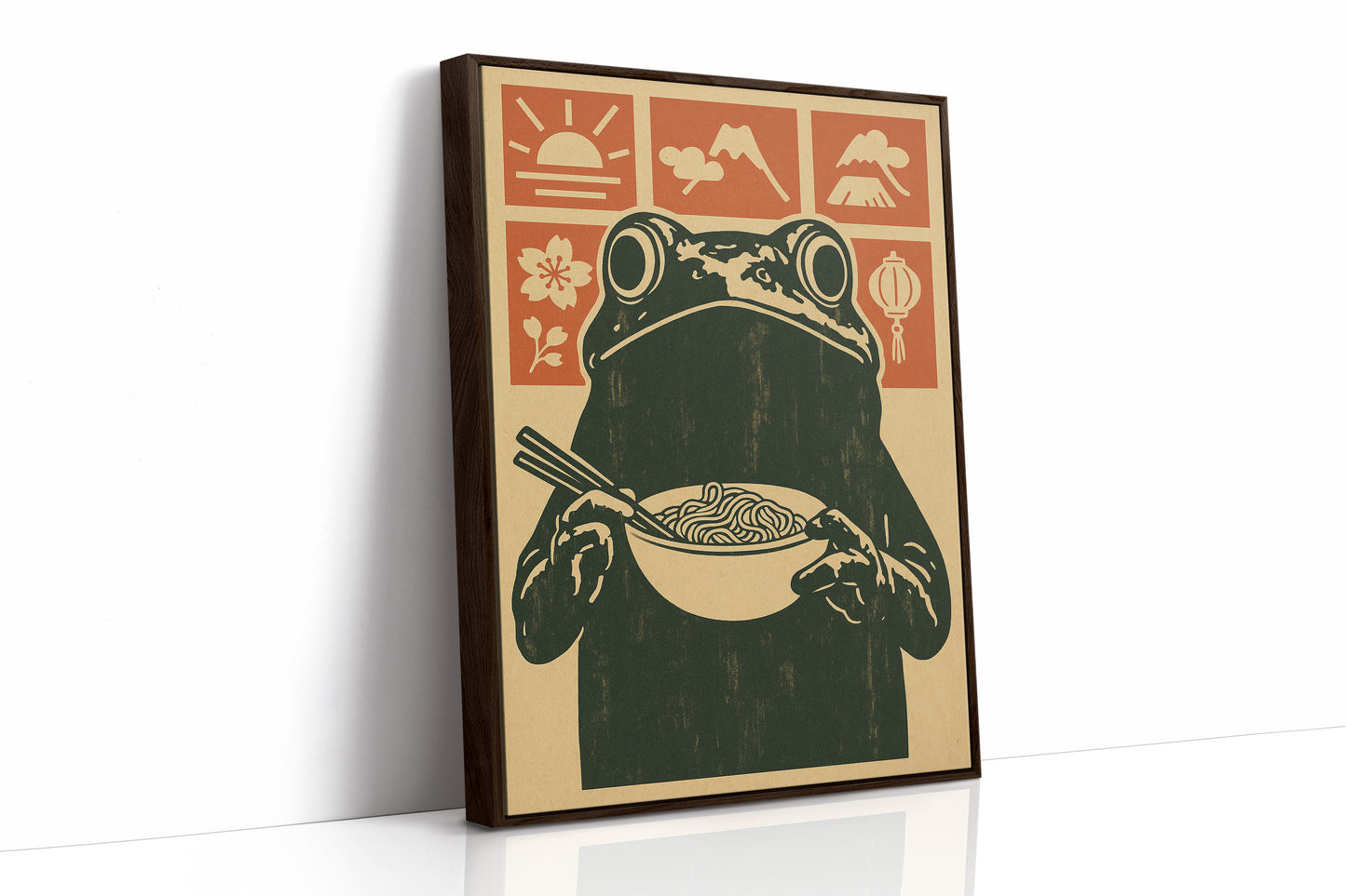 Ramen Frog in Retro Woodblock Style
