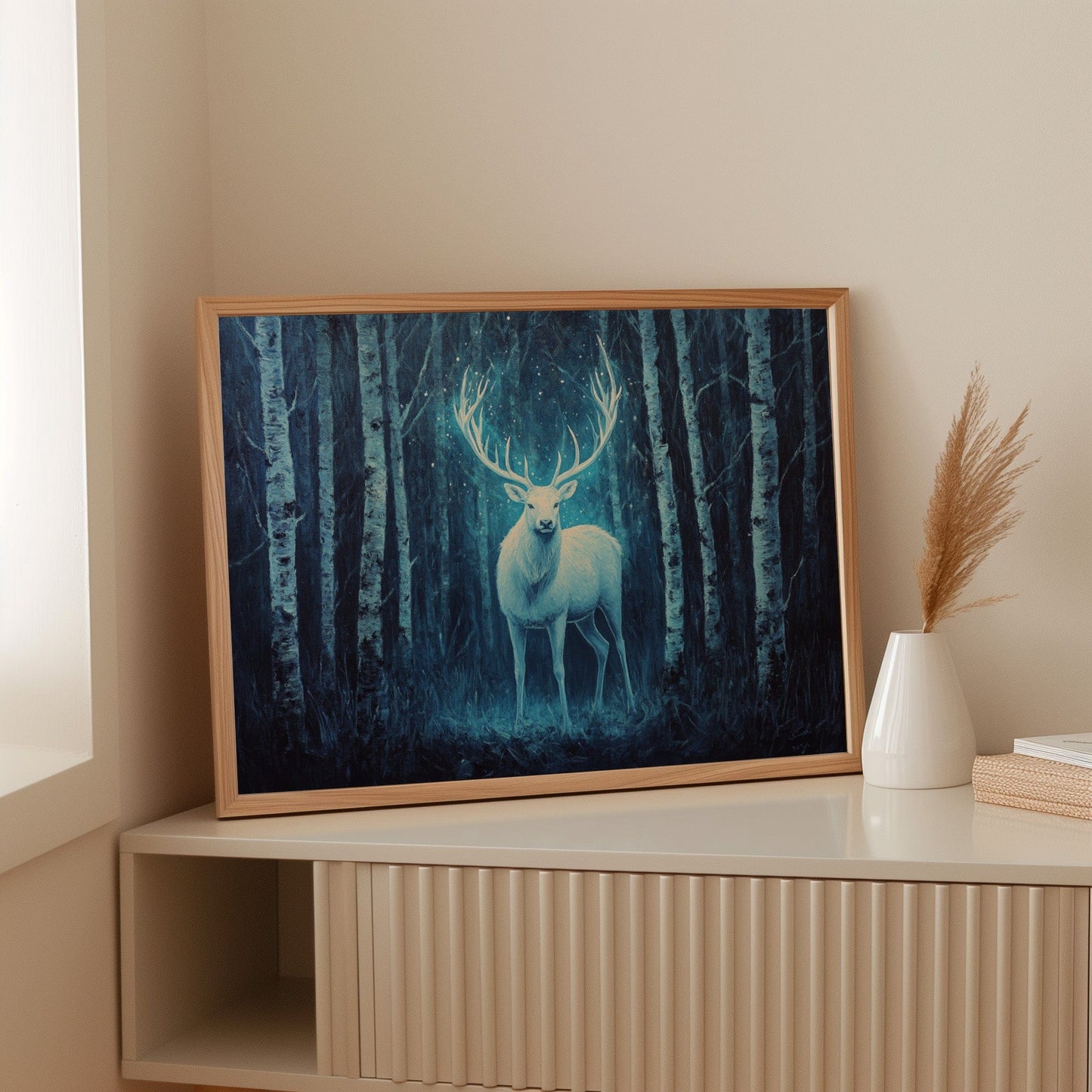 Moonlit Stag Among Birch Trees