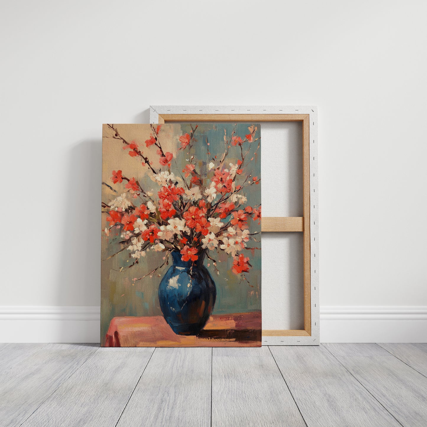 Cherry Blossom Oil Painting – Impressionist Floral Vase Wall Art