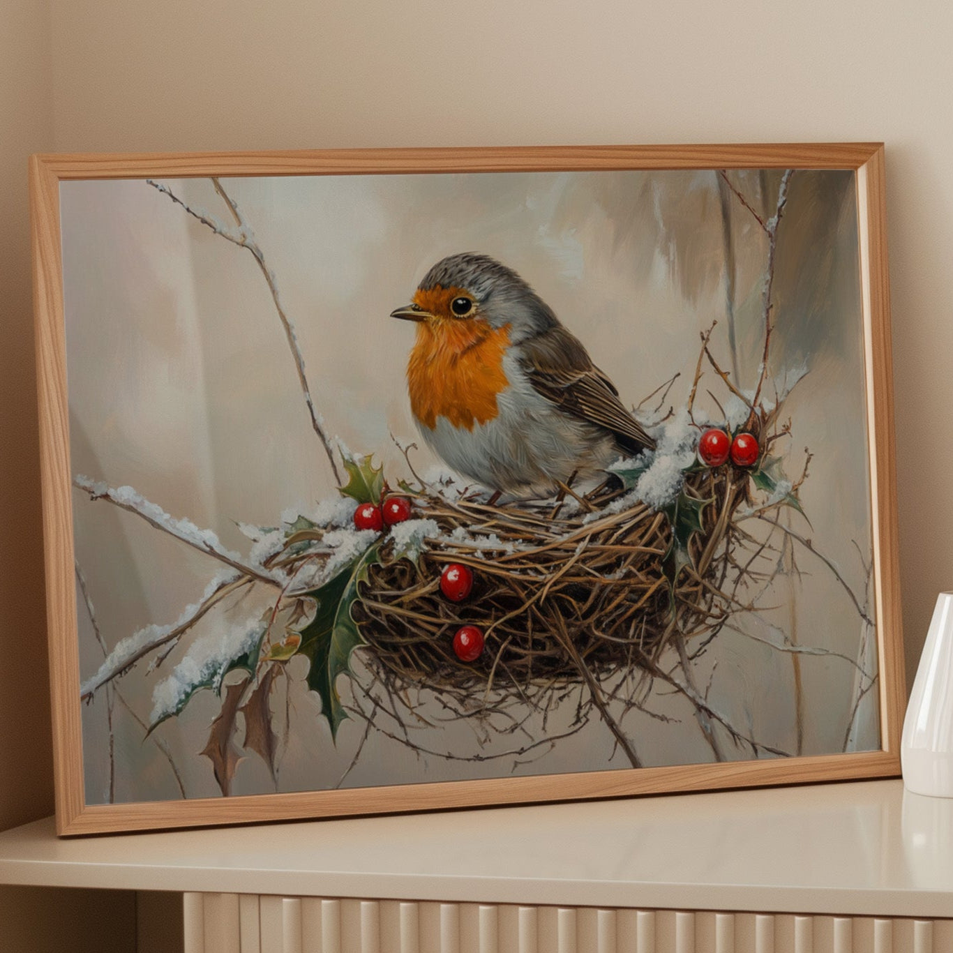 Winter Robin Perches Among Holly