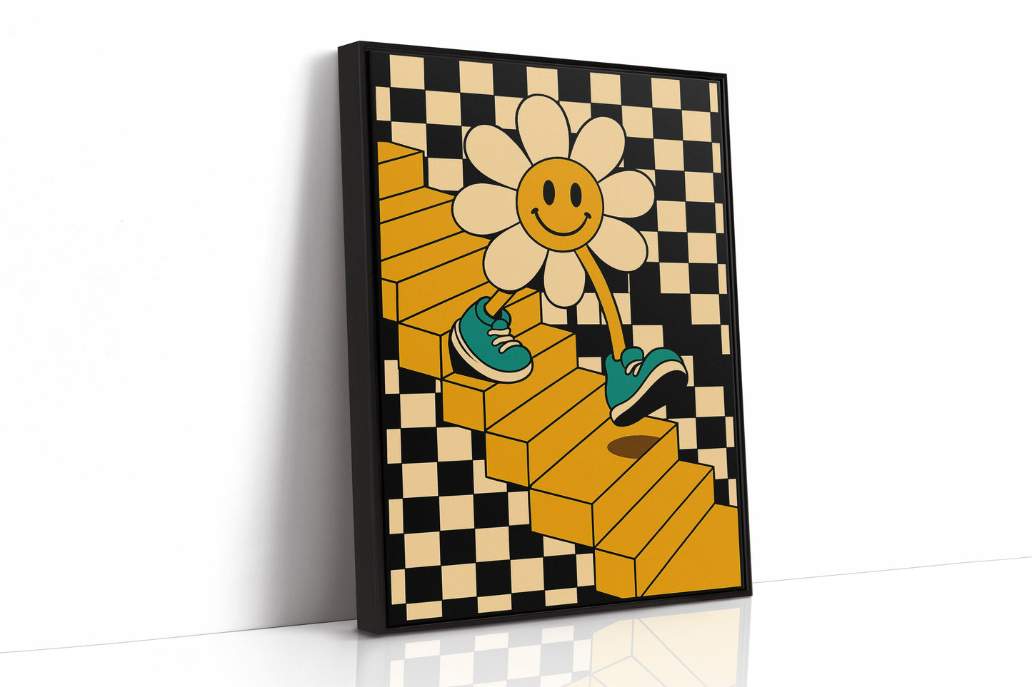 Groovy Daisy Vibes – Retro Checkerboard Flower Print