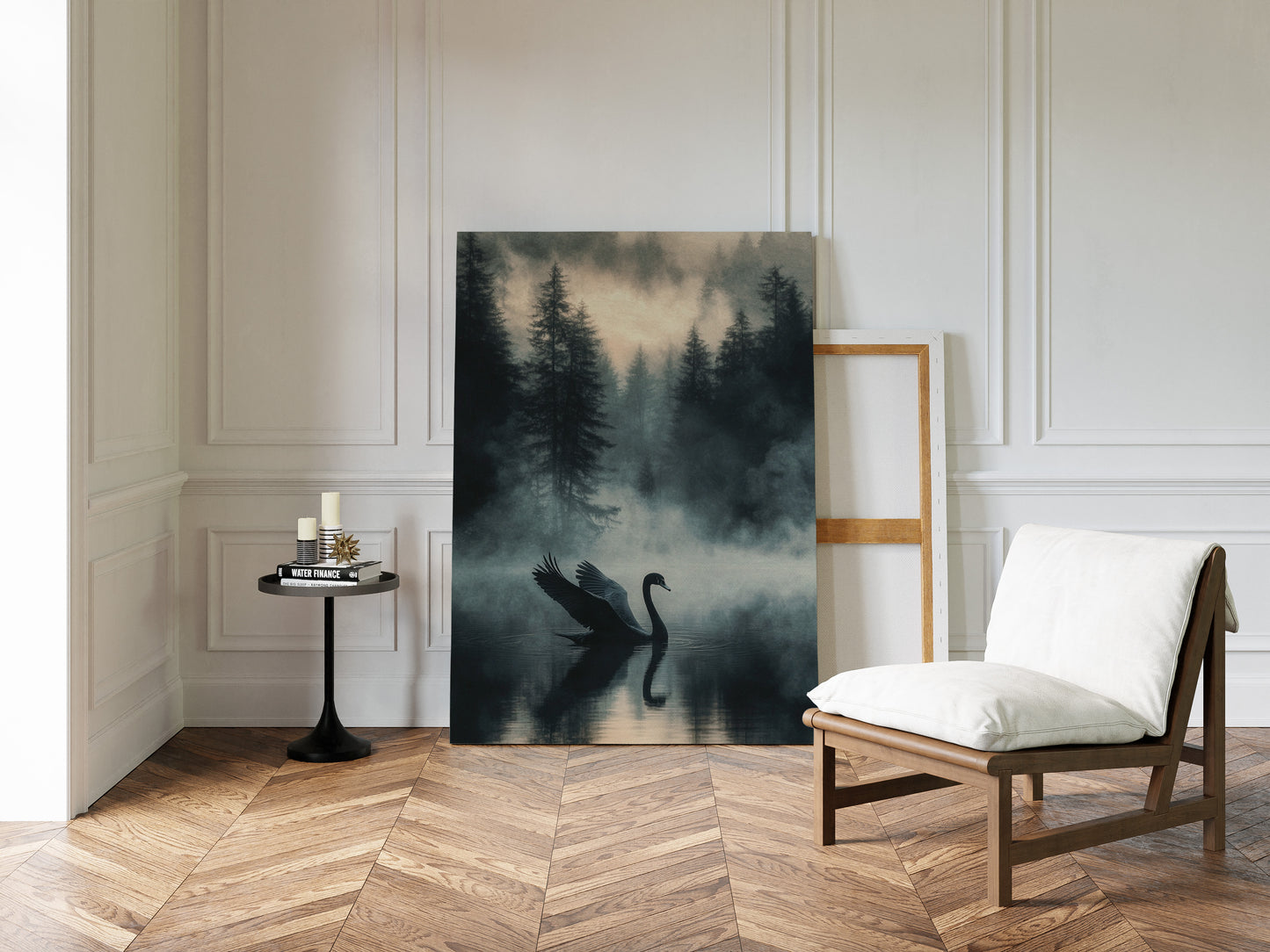 Black Swan in the Forest Mist