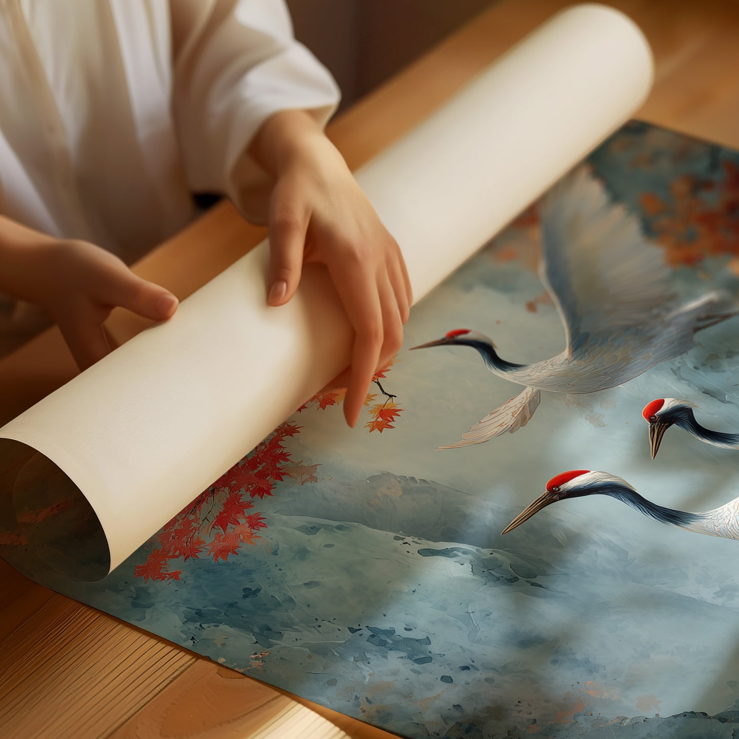 Cranes Dance Below Maple Fire