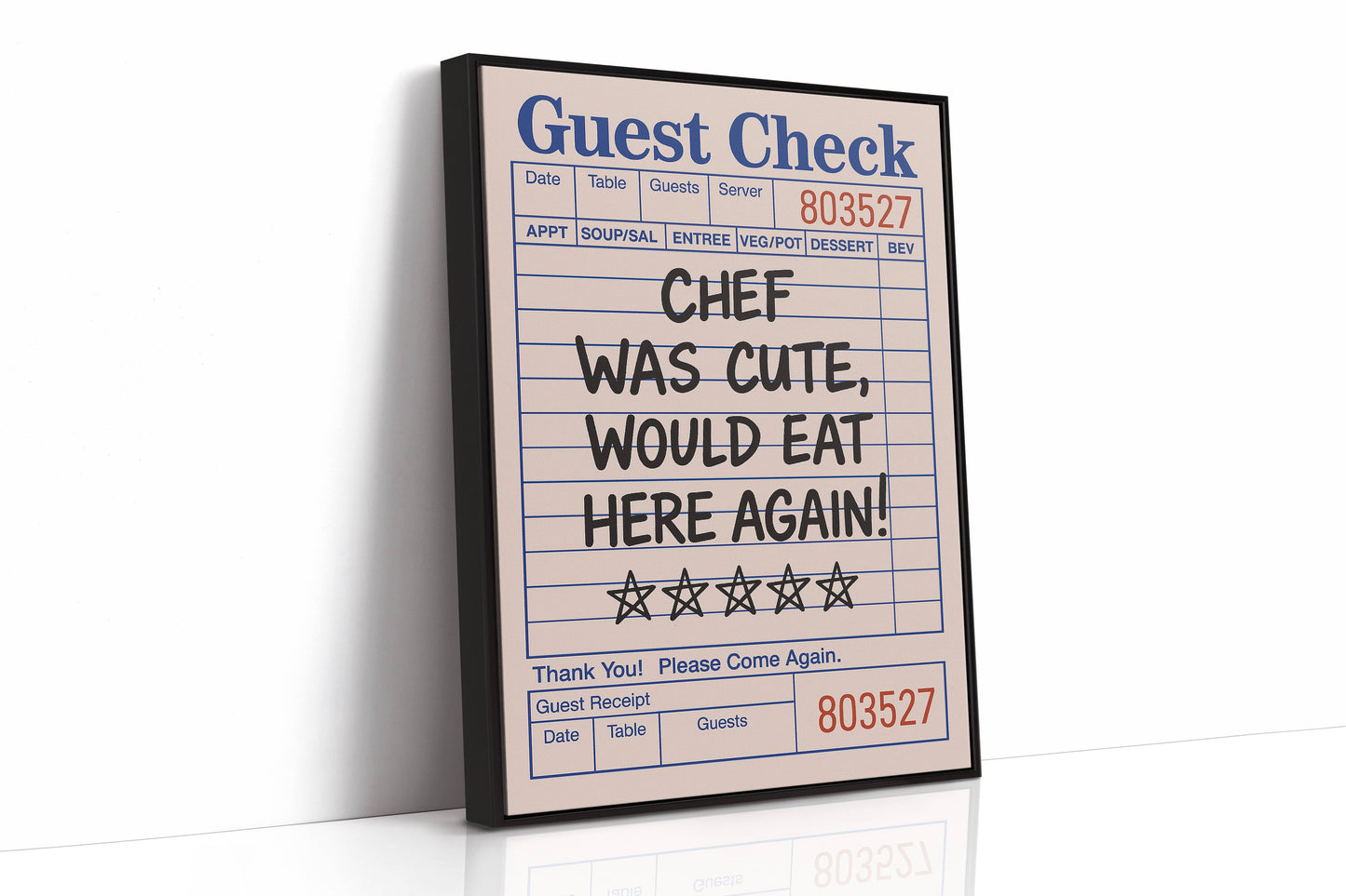 Funny Guest Check Wall Art – “Chef Was Cute” Diner Poster