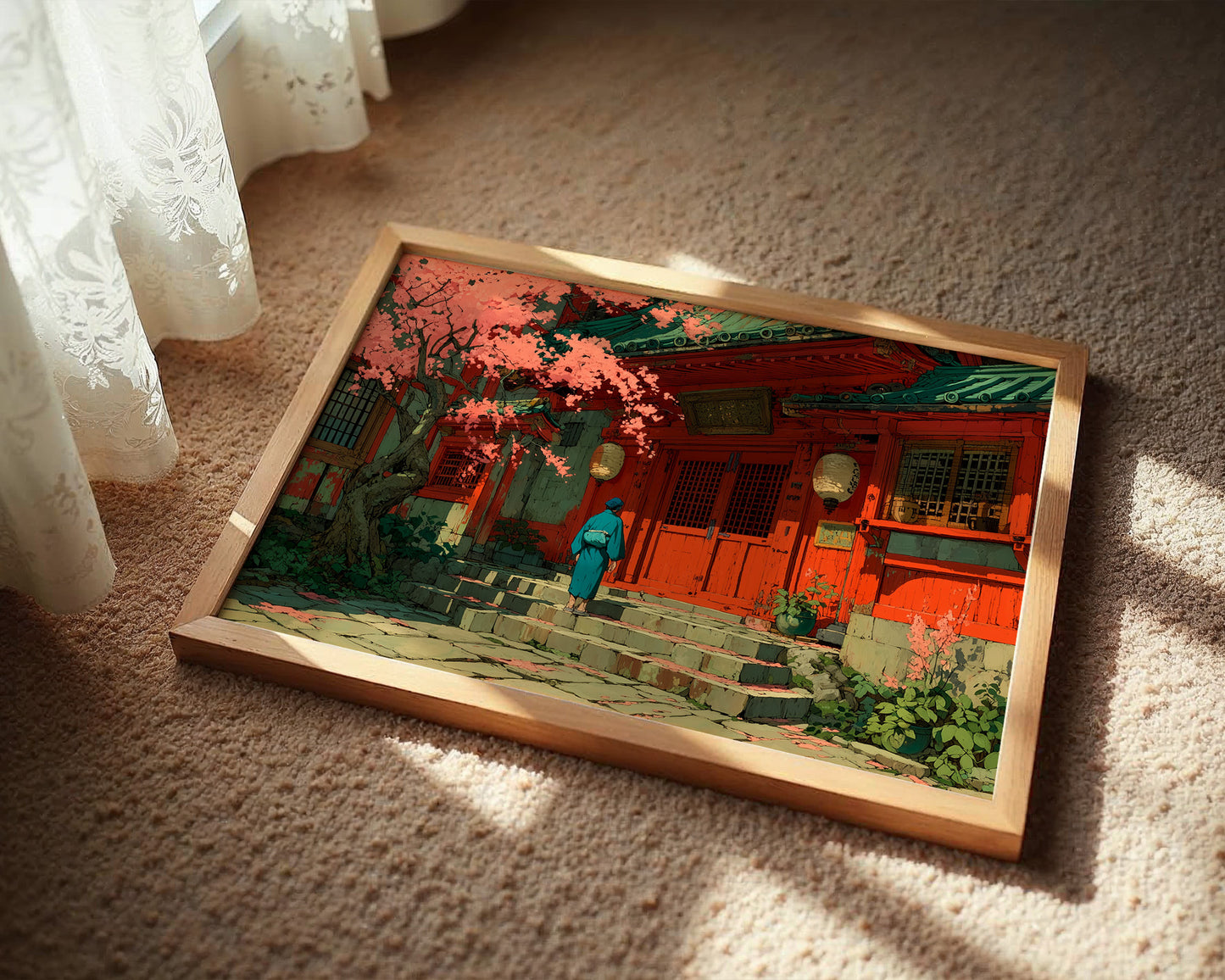 Cherry Blossoms Dance At Temple Steps