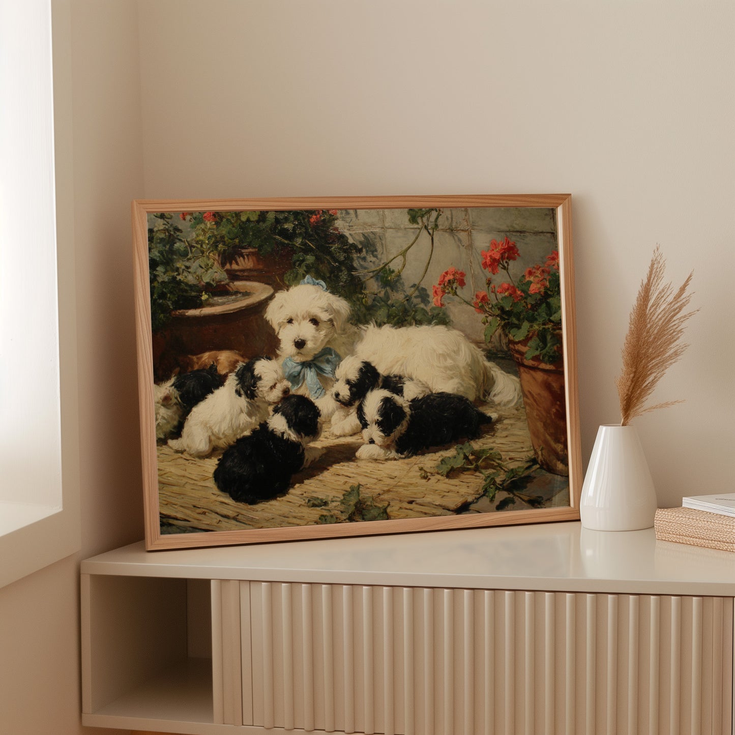 Puppies Rest Among Garden Geraniums