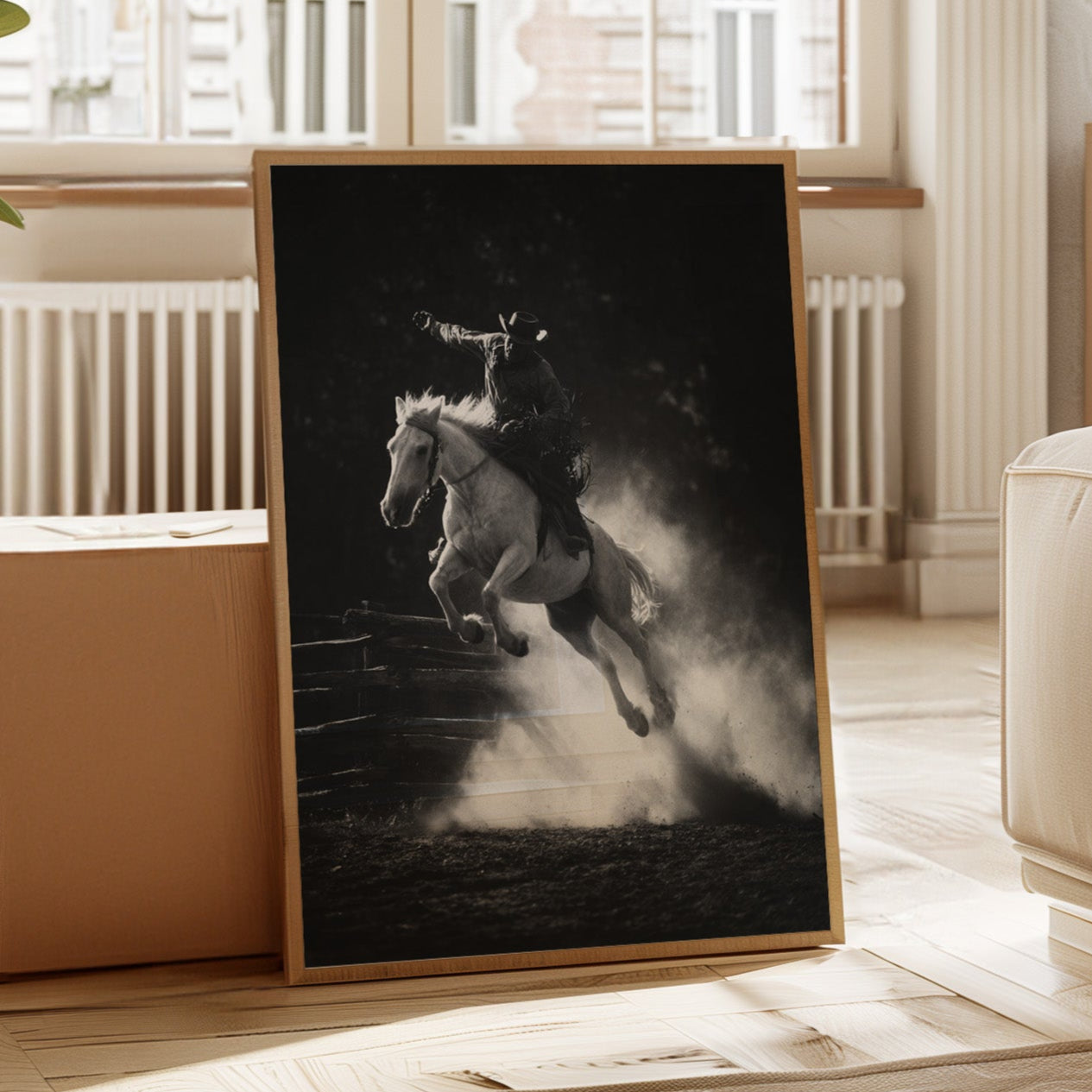 Living room with a large framed black and white horse painting on a wooden stand.