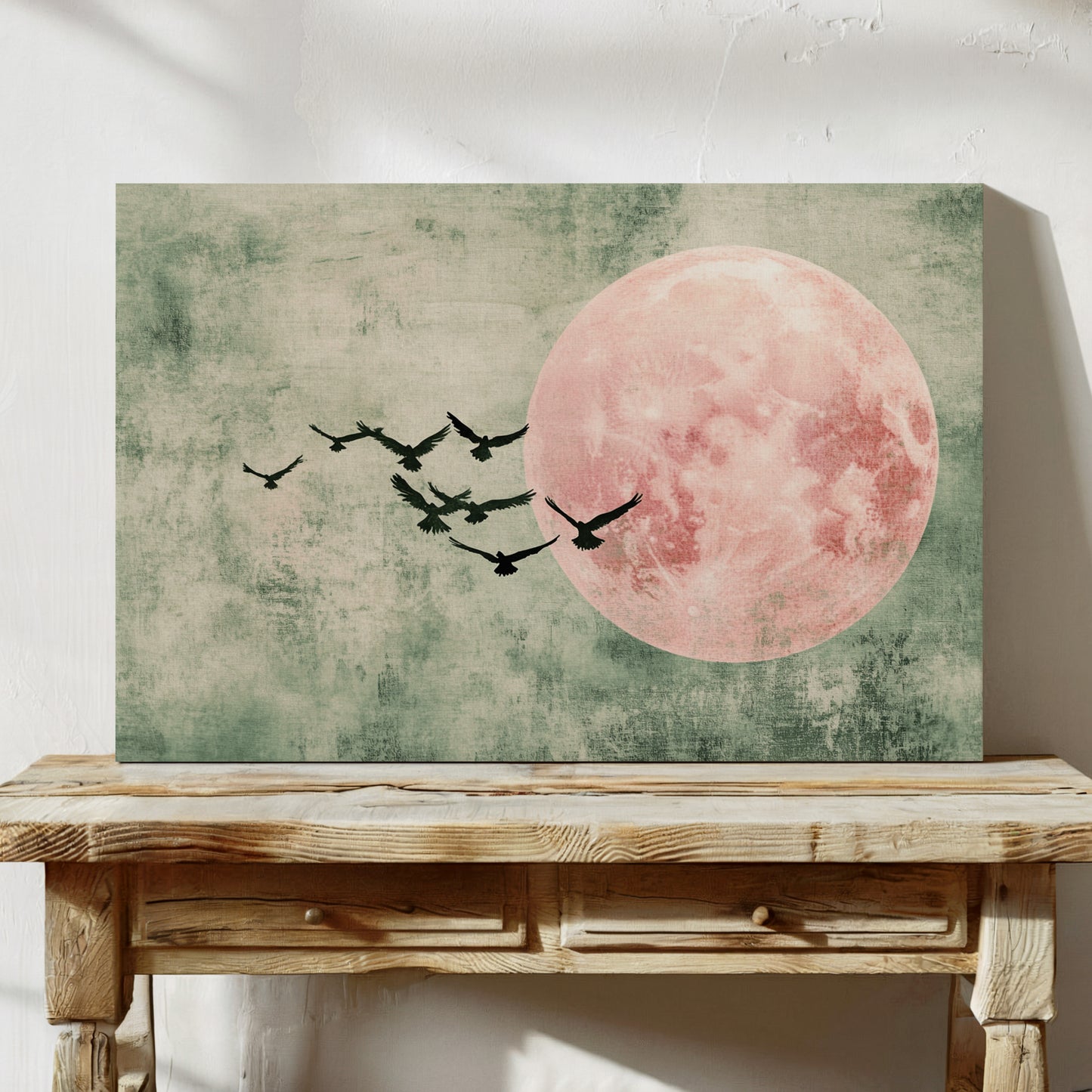 Pink Moon Wall Art – Minimalist Birds in Flight Print