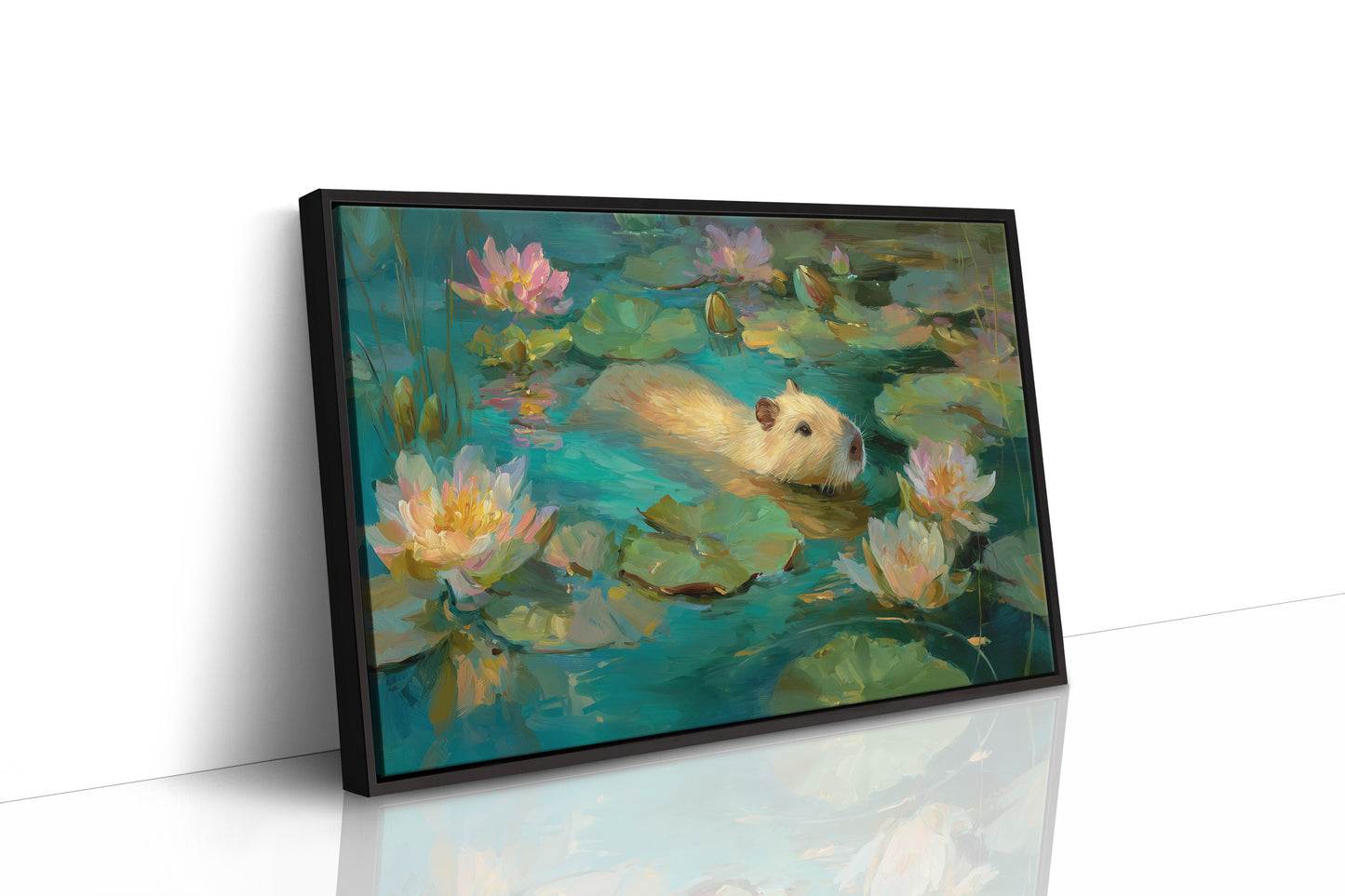 Golden Swimmer Among Water Lilies