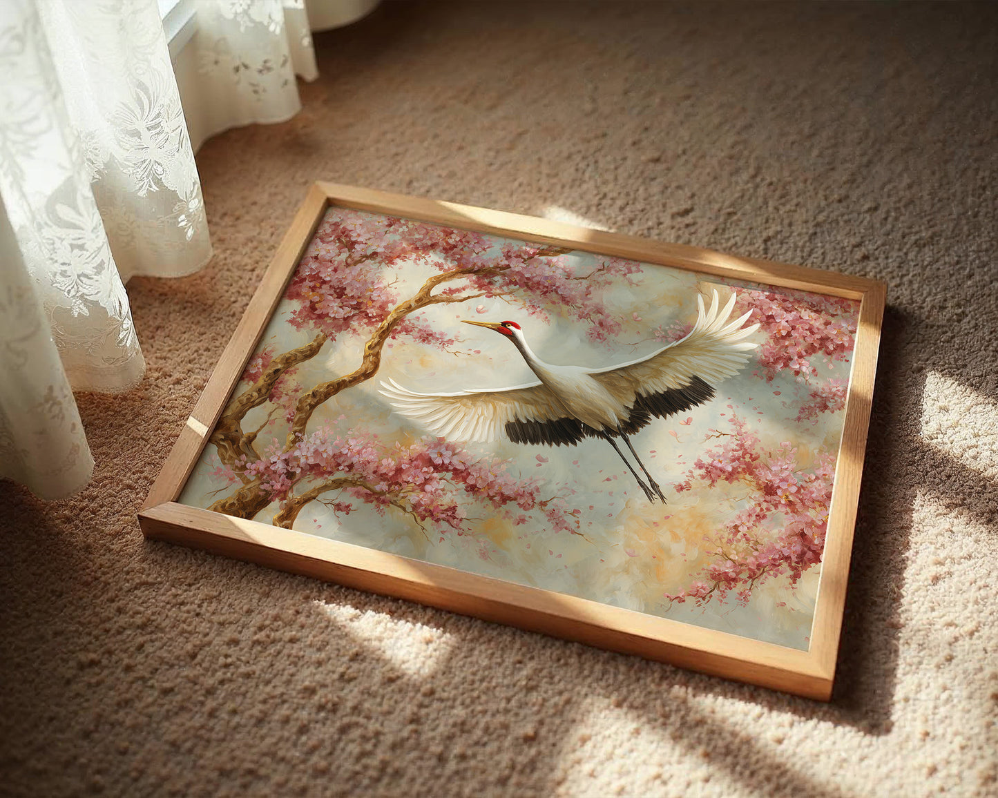 Cherry Blossoms Dance With Crane's Grace