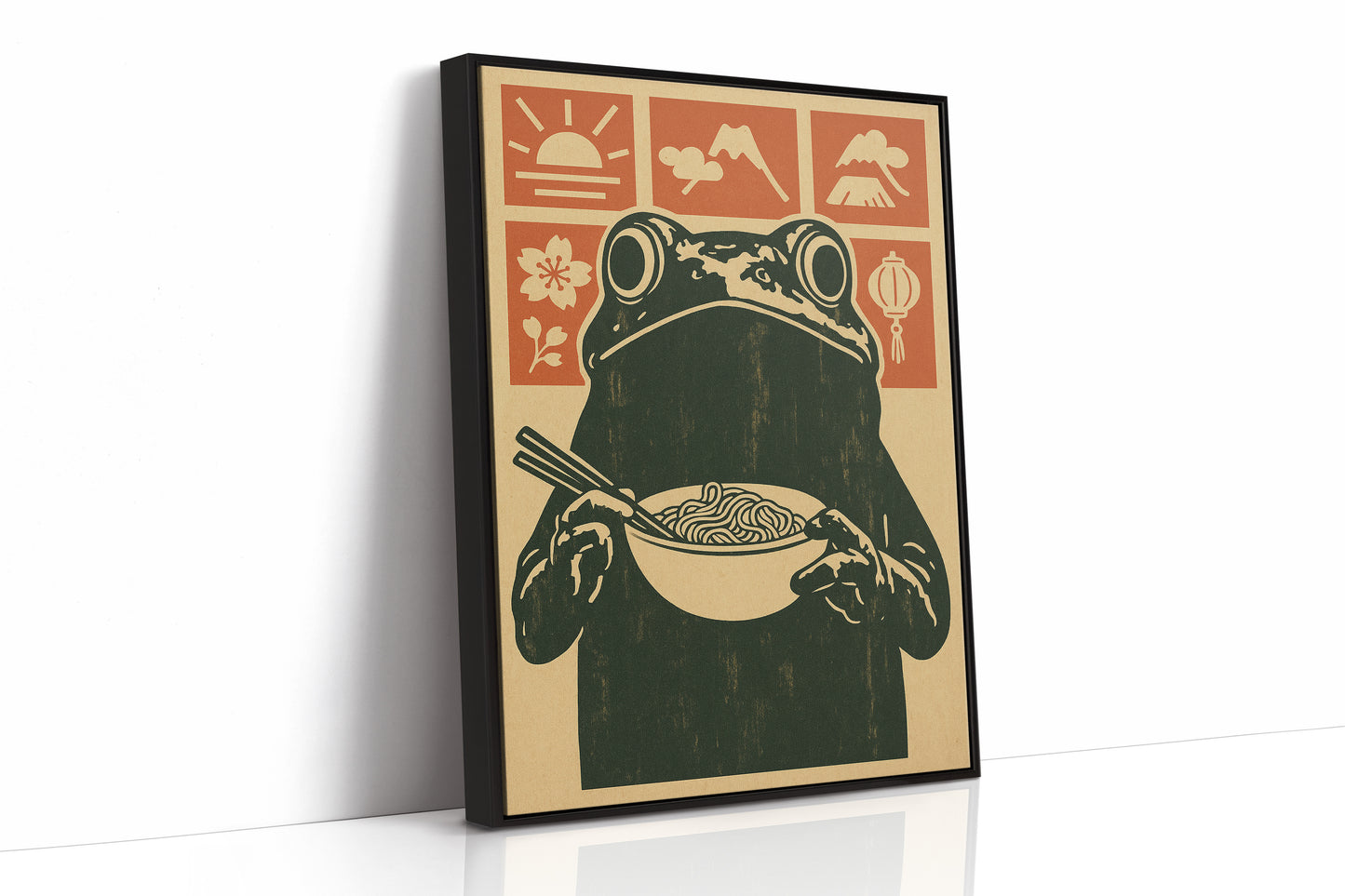 Ramen Frog in Retro Woodblock Style