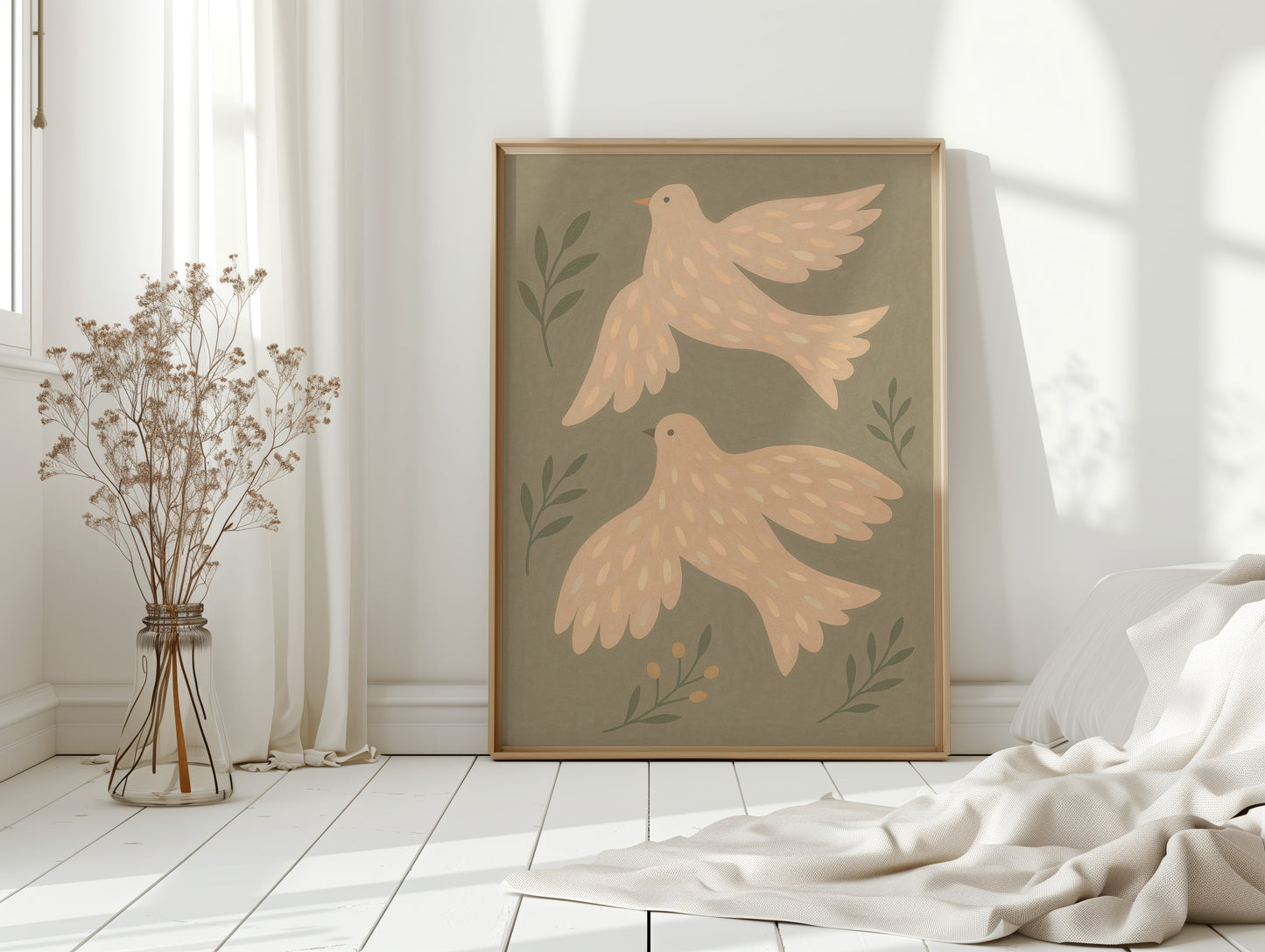 Blush Doves in Olive Sky