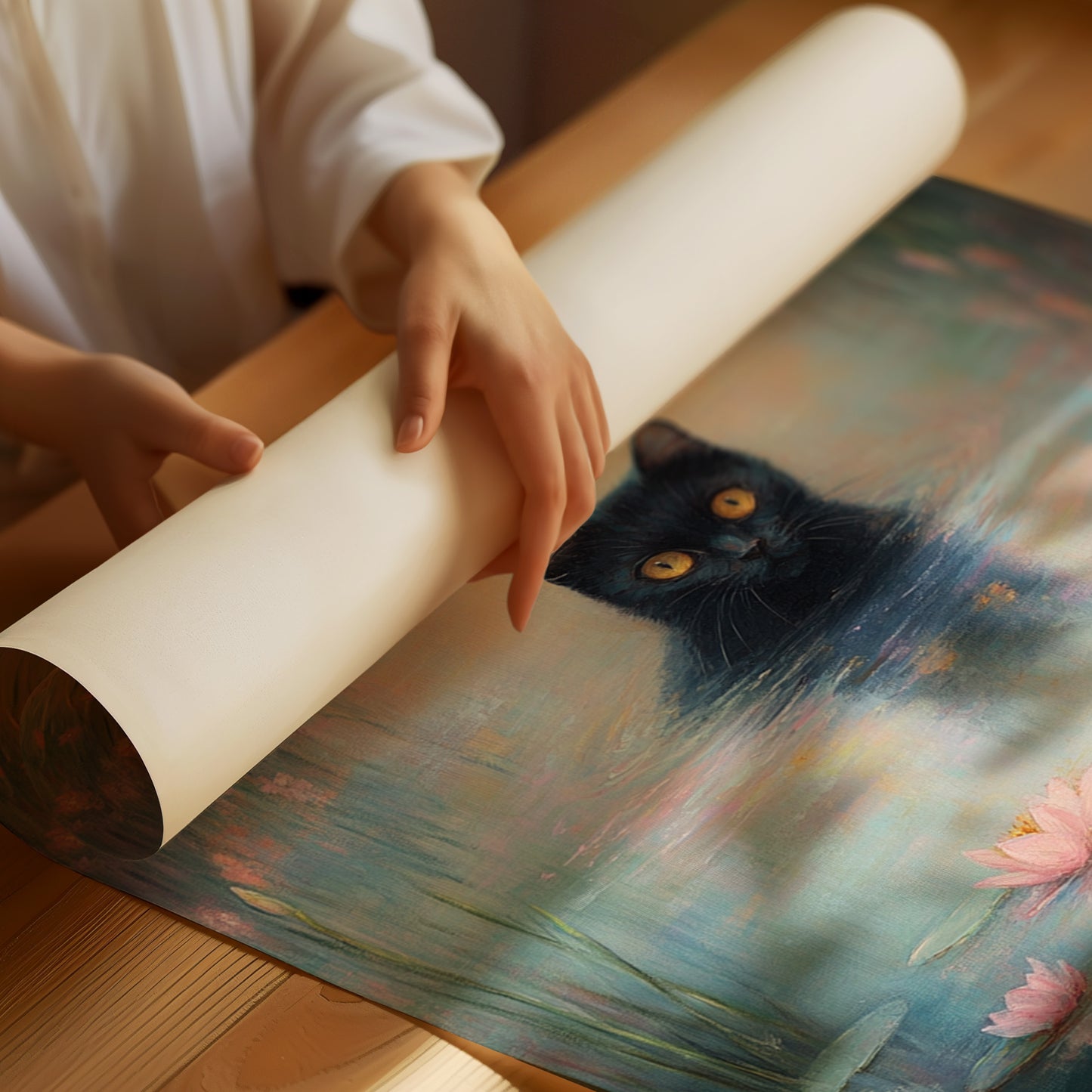 Mystical Black Cat in Water – Dreamy Water Lily Painting
