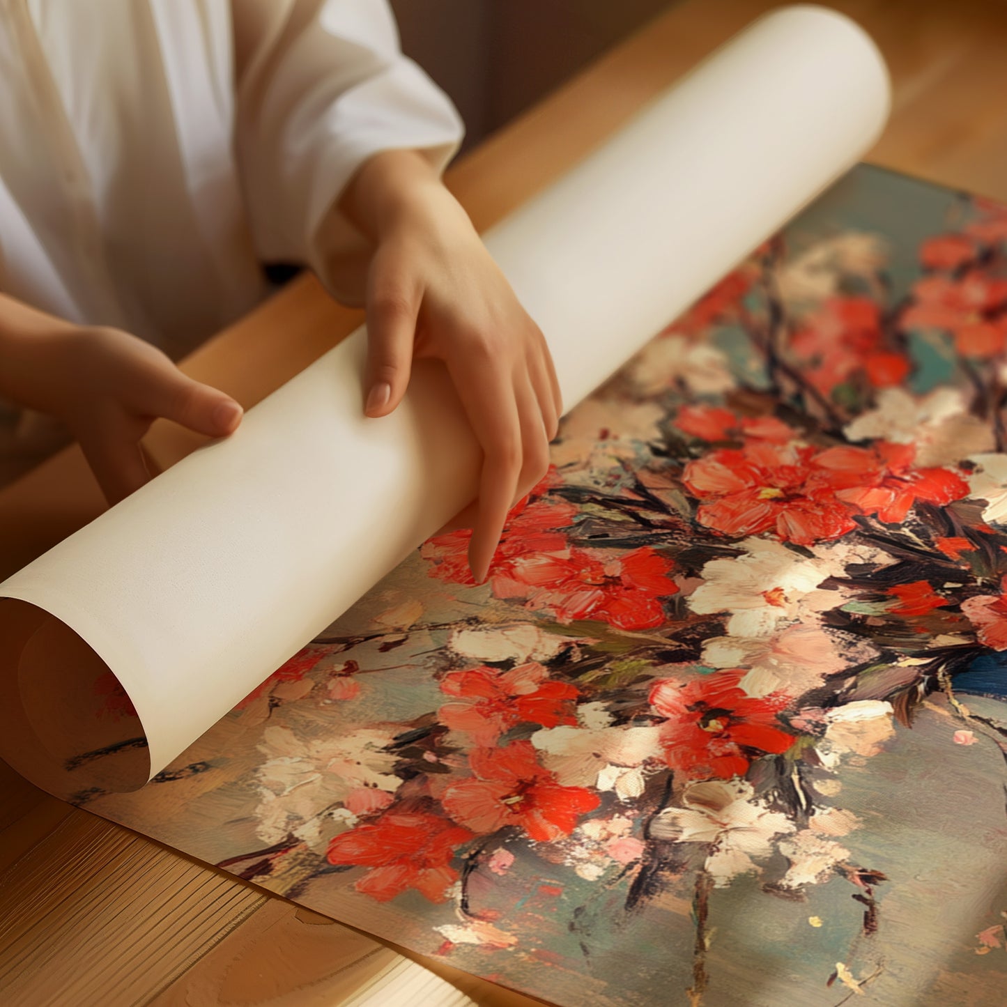 Cherry Blossom Oil Painting – Impressionist Floral Vase Wall Art