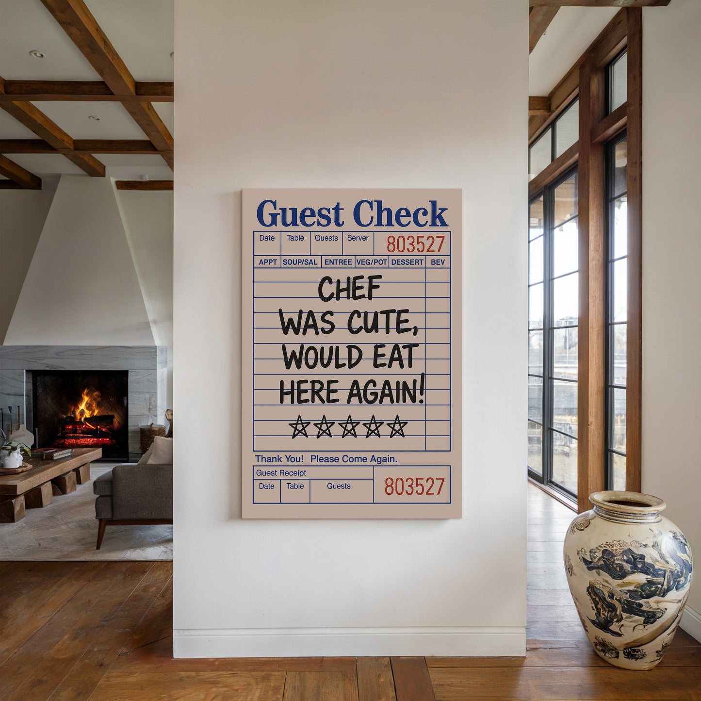 Funny Guest Check Wall Art – “Chef Was Cute” Diner Poster