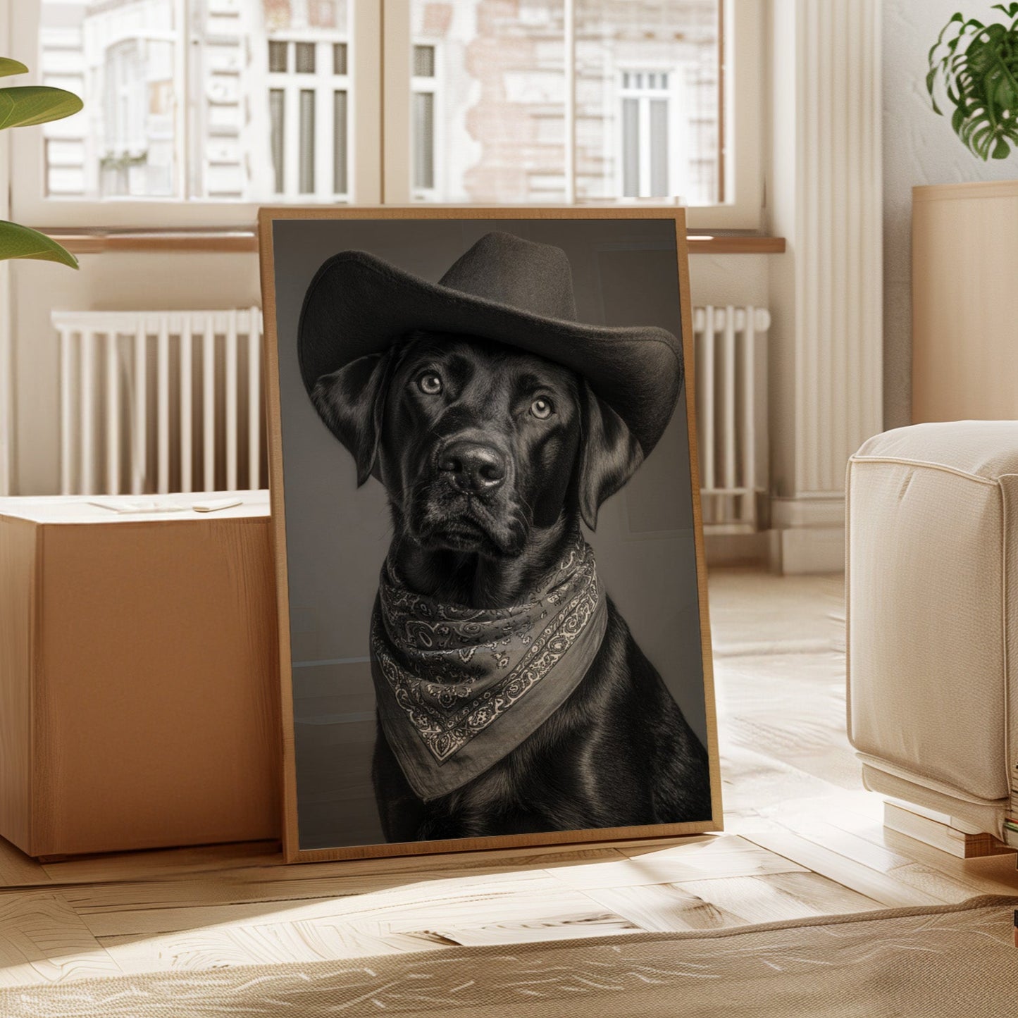 Framed portrait of a black dog with a bandana in a living room setting.