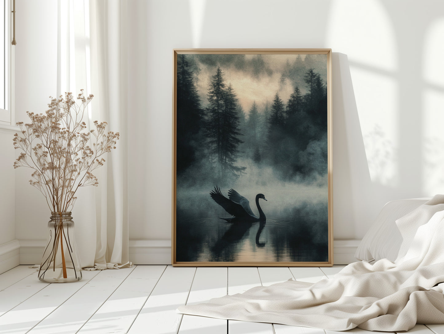 Black Swan in the Forest Mist