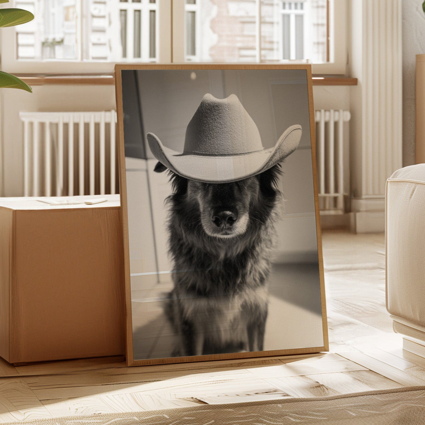 Framed picture of a dog wearing a cowboy hat in a living room setting
