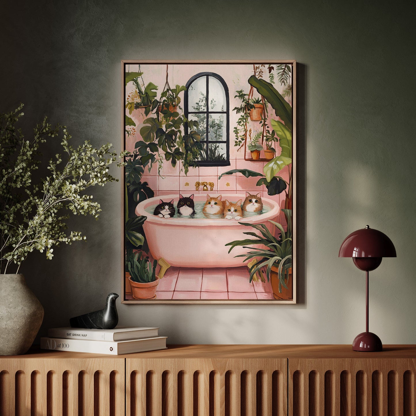 Cat Spa Day – Funny Cat Wall Art, Pink Bathtub Aesthetic, Cozy Home Decor