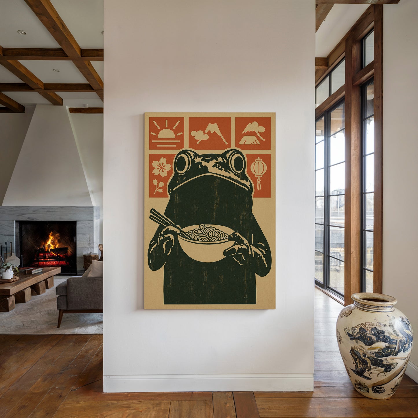 Ramen Frog in Retro Woodblock Style