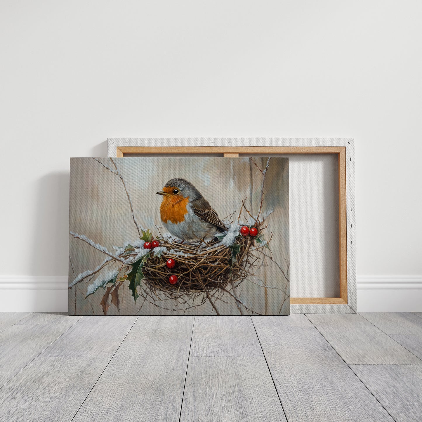 Winter Robin Perches Among Holly