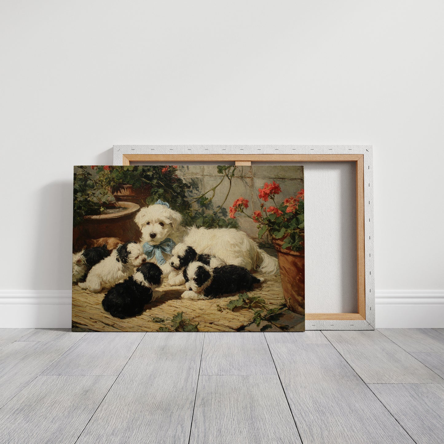 Puppies Rest Among Garden Geraniums