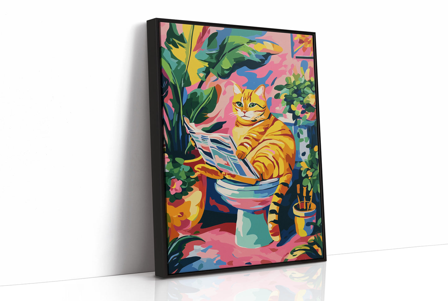 Feline Literary Moment in Vibrant Jungle
