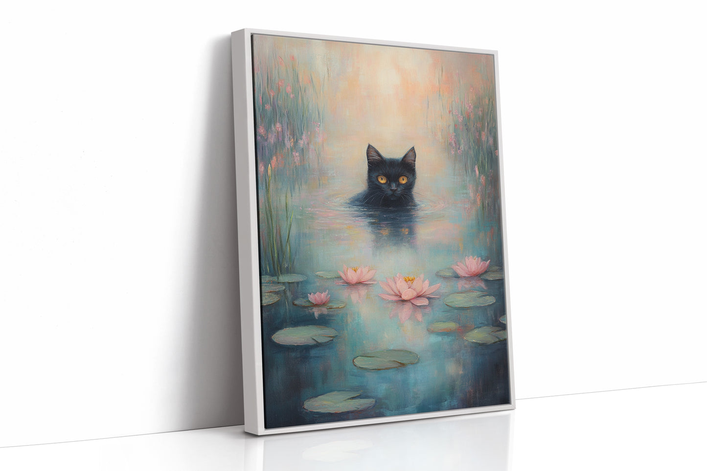 Mystical Black Cat in Water – Dreamy Water Lily Painting