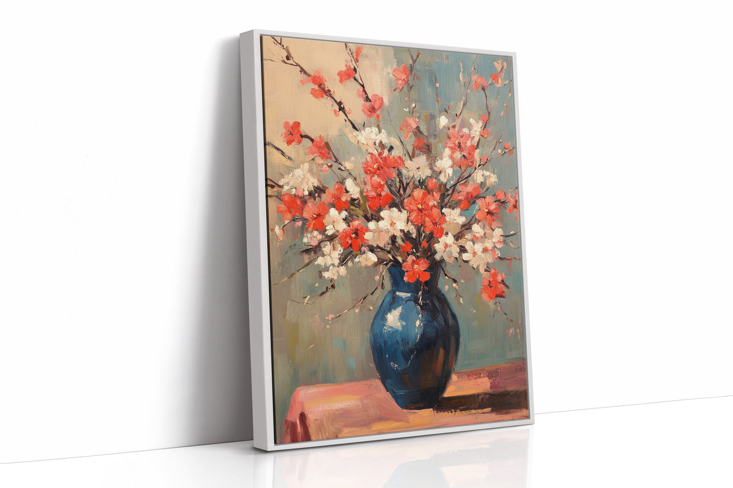 Cherry Blossom Oil Painting – Impressionist Floral Vase Wall Art