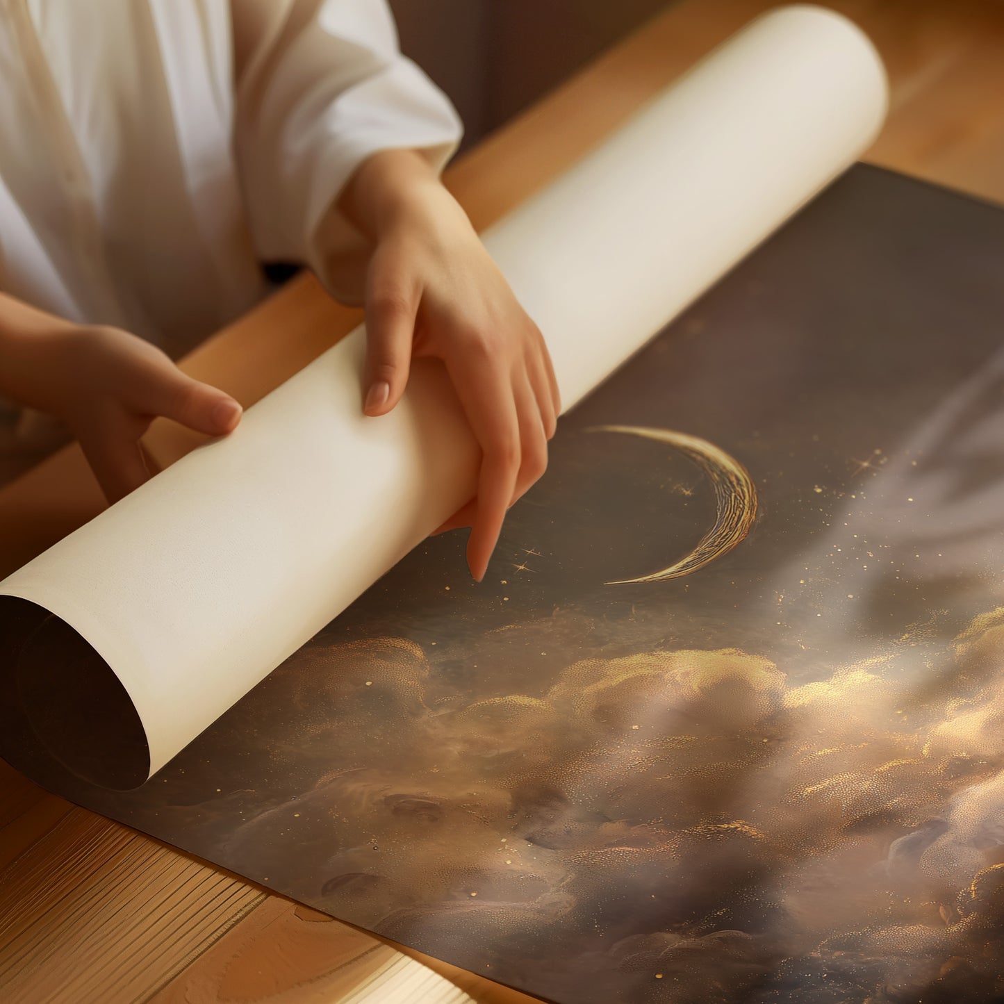 Crescent Floats Through Amber Clouds