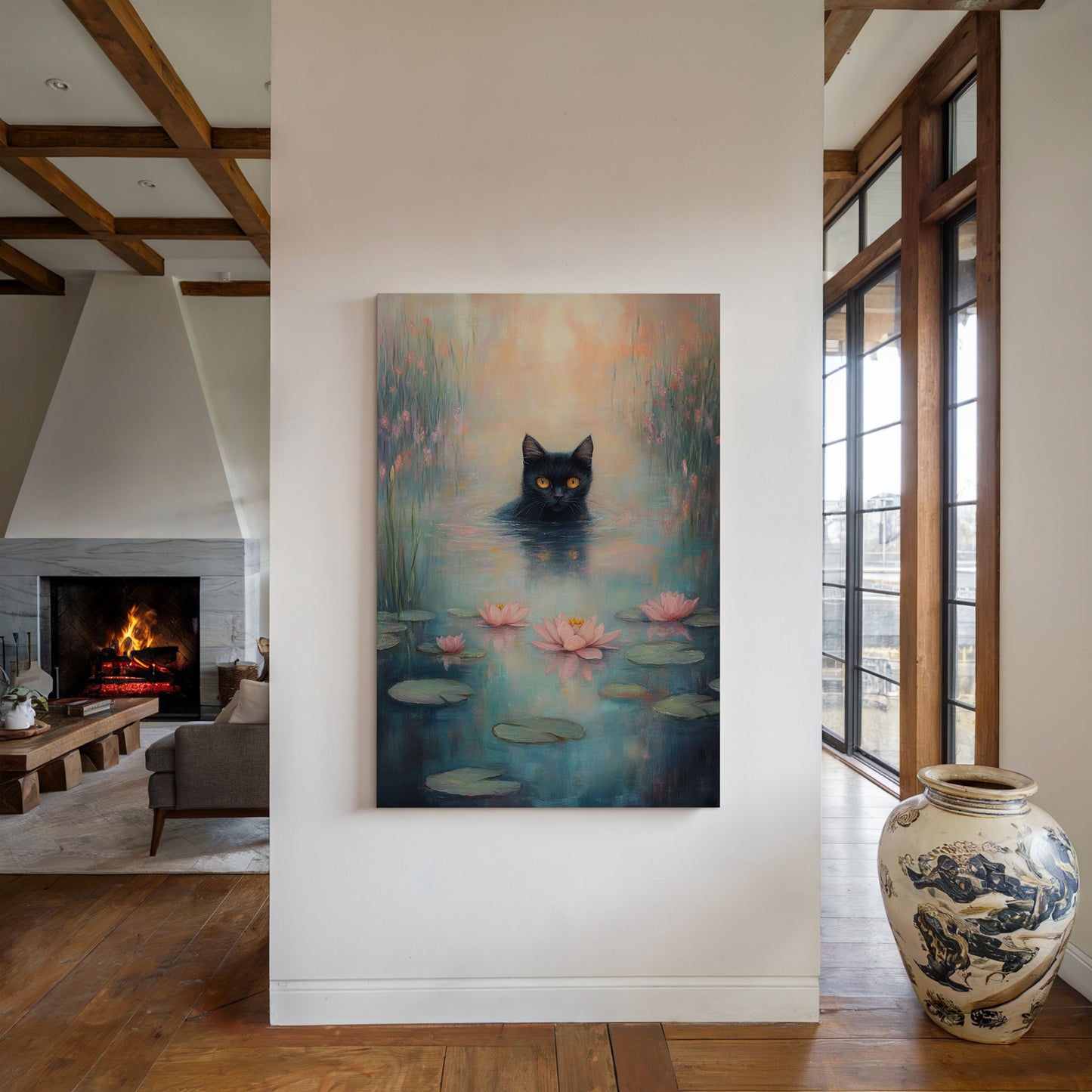 Mystical Black Cat in Water – Dreamy Water Lily Painting