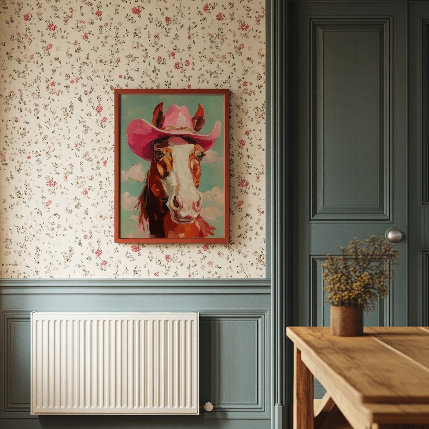 Pink Cowgirl Rides Through Turquoise Skies