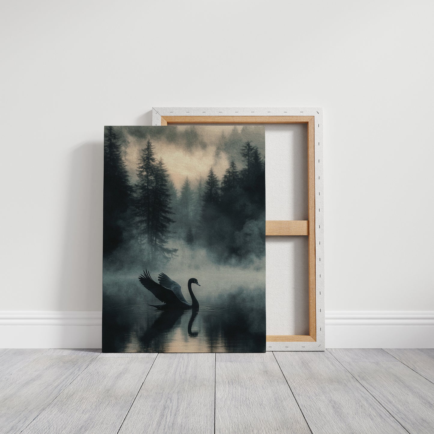 Black Swan in the Forest Mist