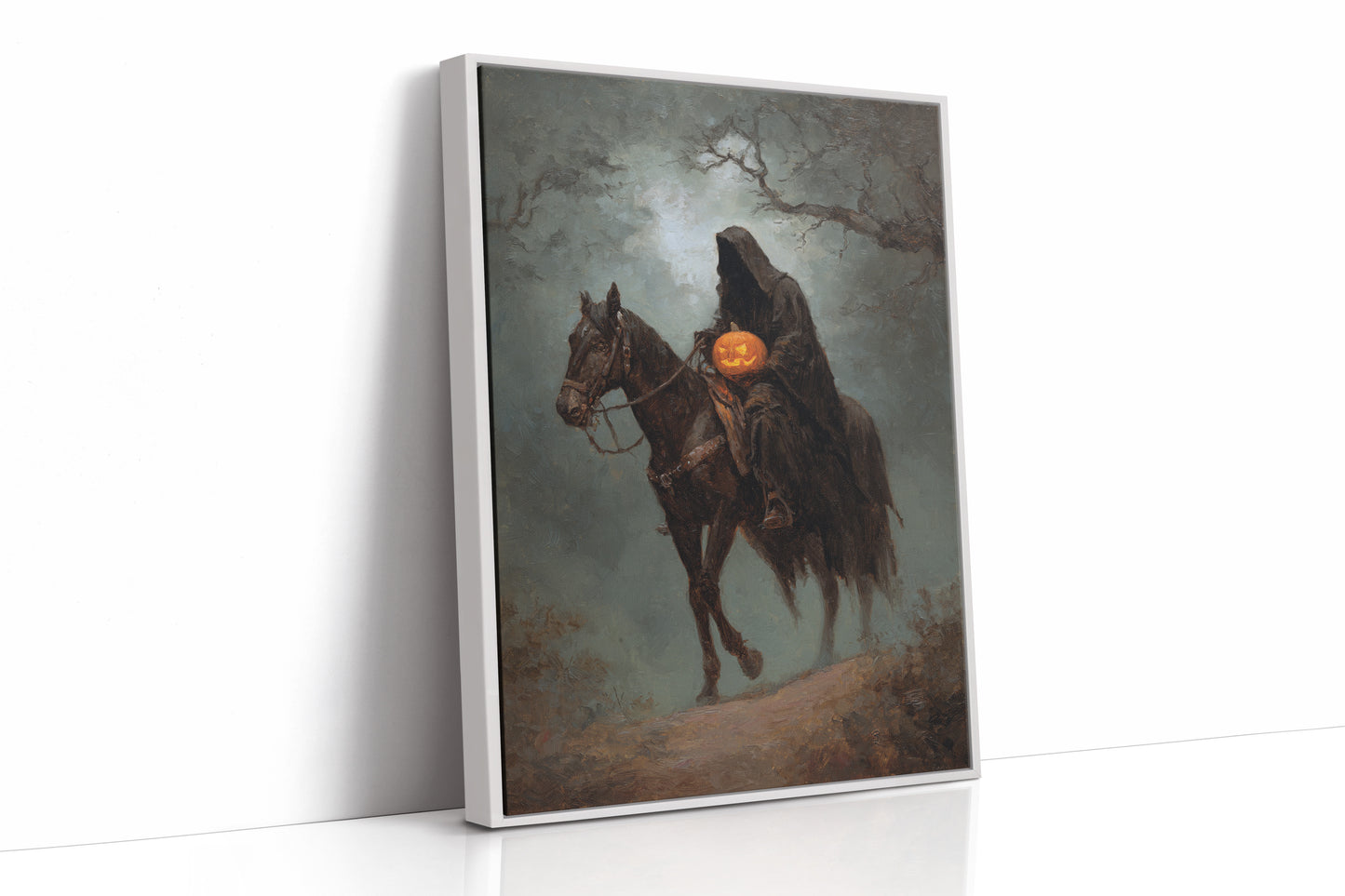 Haunting Rider Halloween Art Print - Gothic Wall Decor - White Framed Canvas image 1