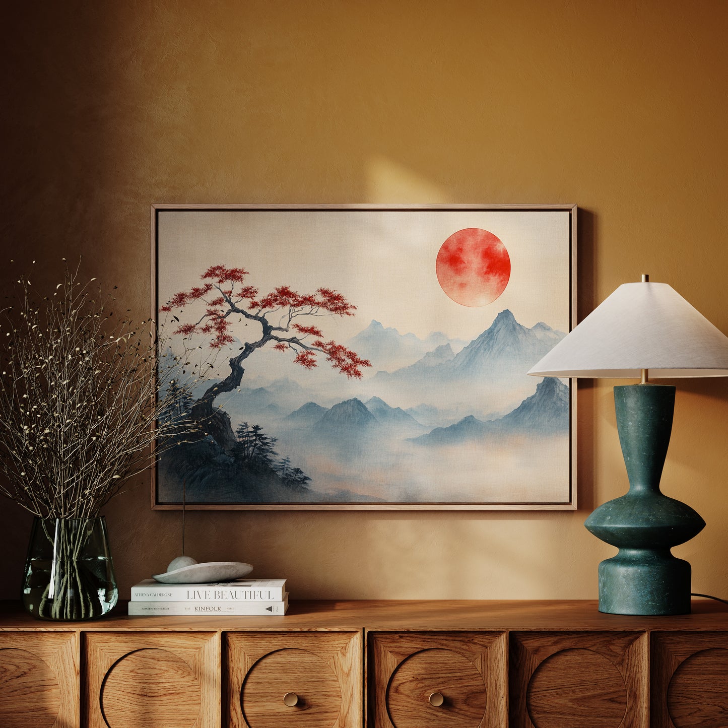 Japanese Landscape Wall Art – Red Sun and Bonsai Mountain Print