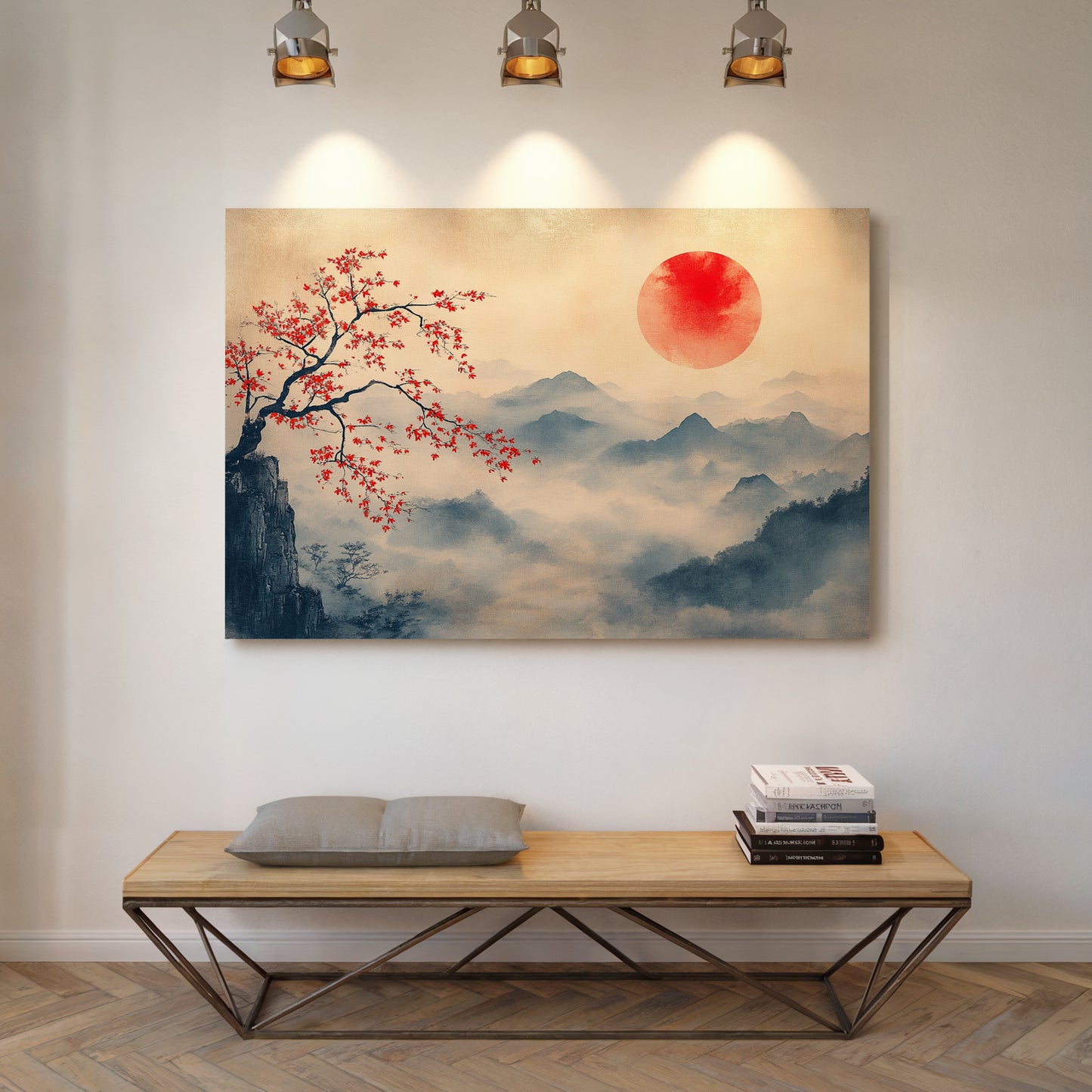 Japanese Red Sun & Misty Mountain Wall Art – Zen Ink Wash Landscape