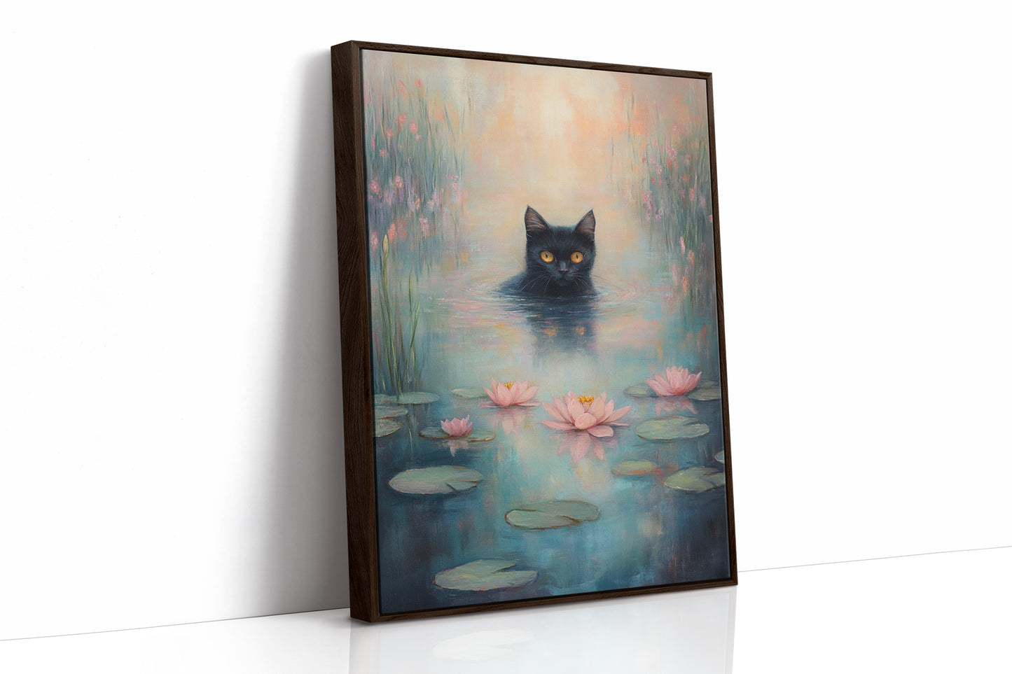 Mystical Black Cat in Water – Dreamy Water Lily Painting