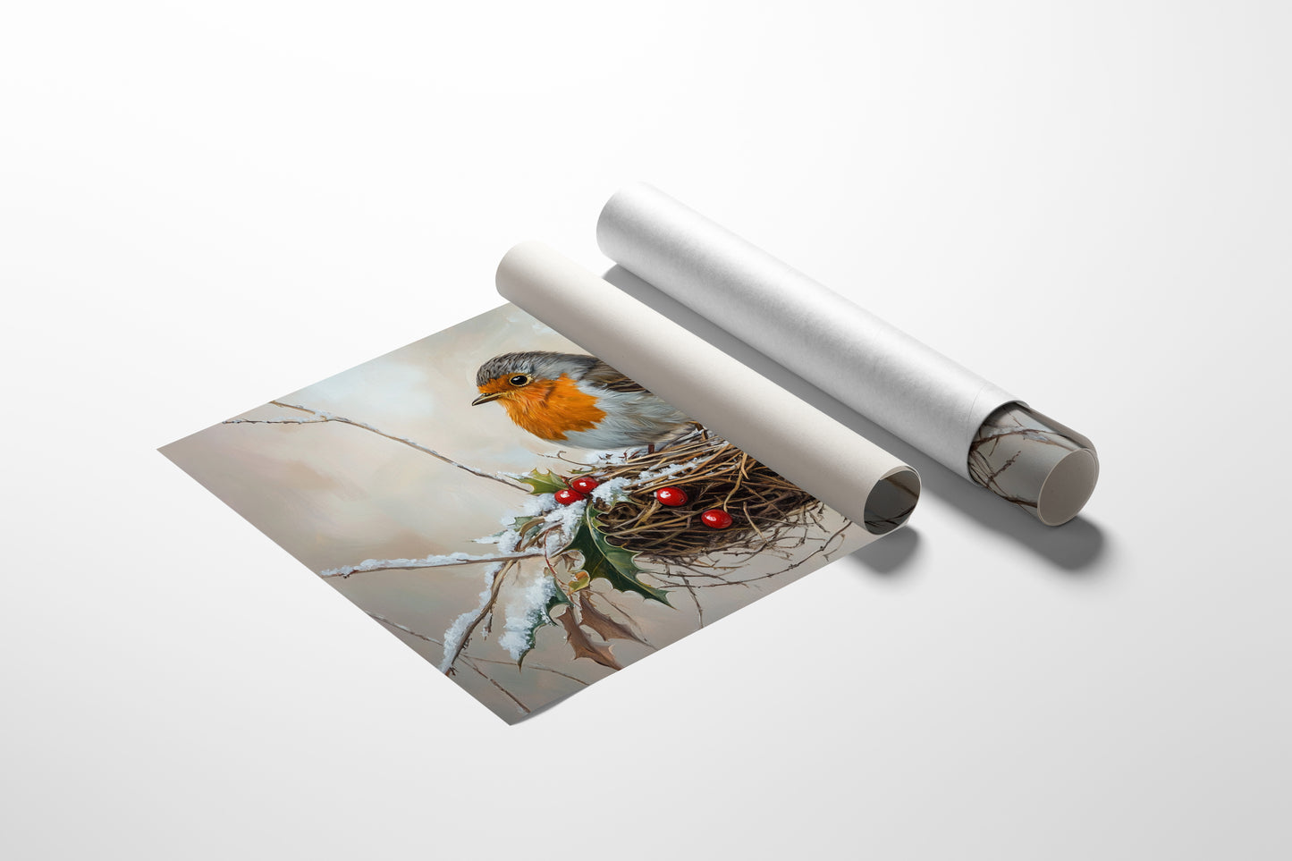 Winter Robin Perches Among Holly