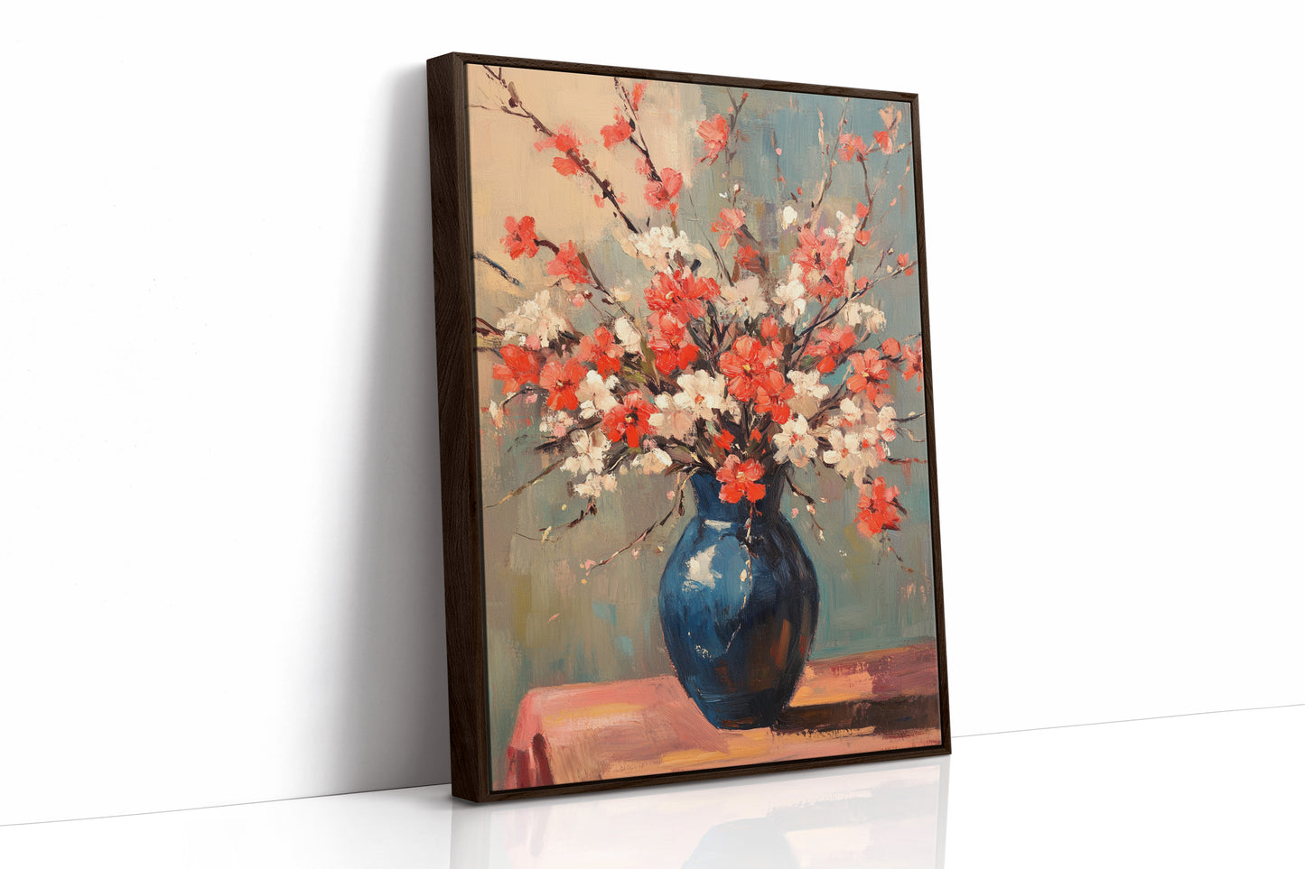 Cherry Blossom Oil Painting – Impressionist Floral Vase Wall Art