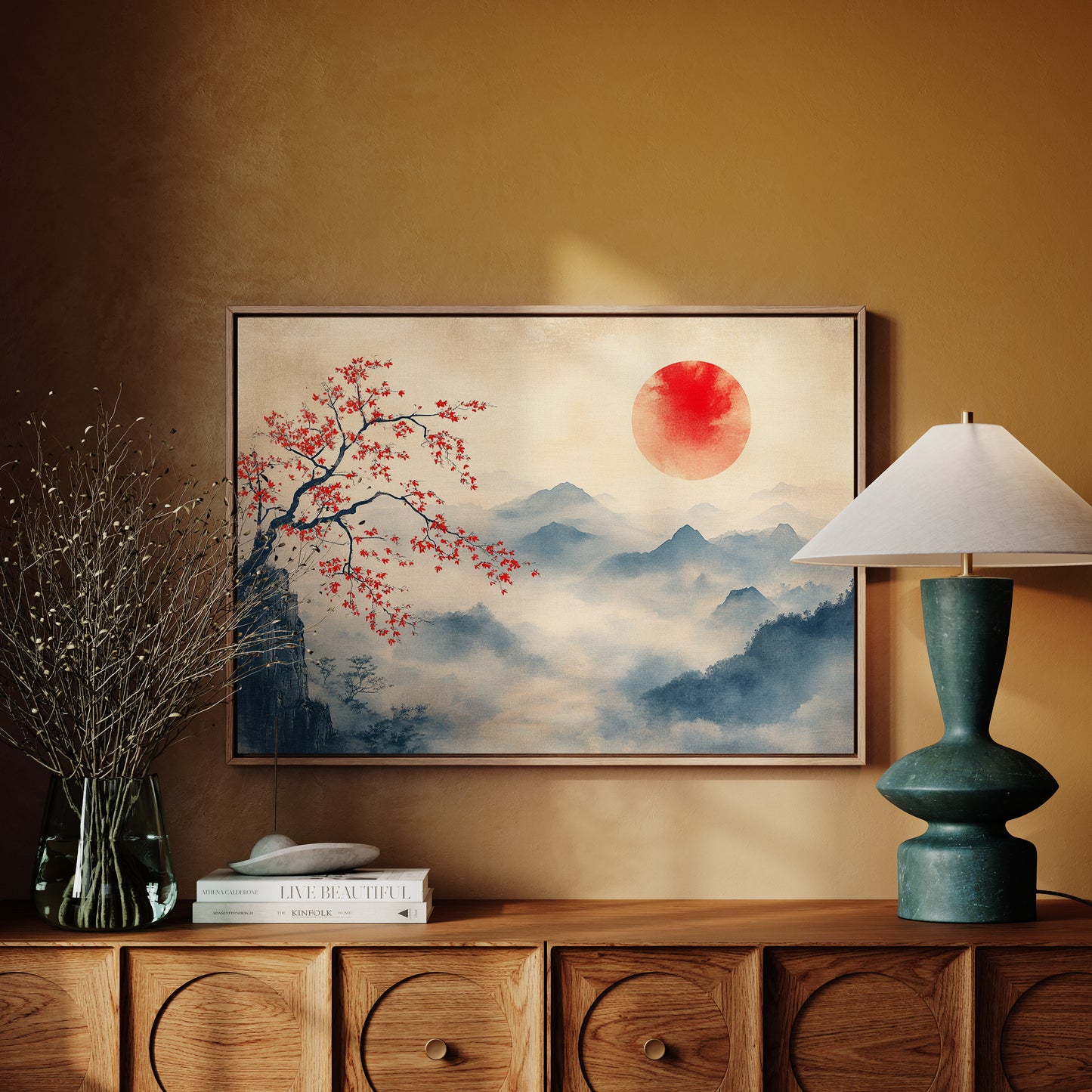 Japanese Red Sun & Misty Mountain Wall Art – Zen Ink Wash Landscape